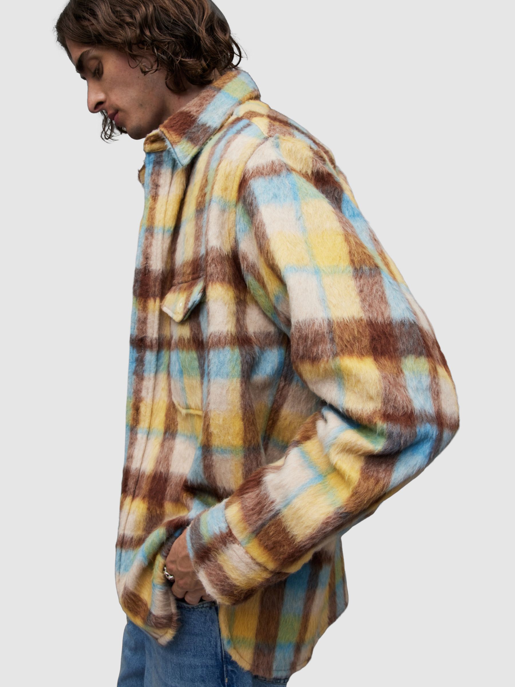 AllSaints Strabler Wool Blend Long Sleeve Check Shirt, Meadow