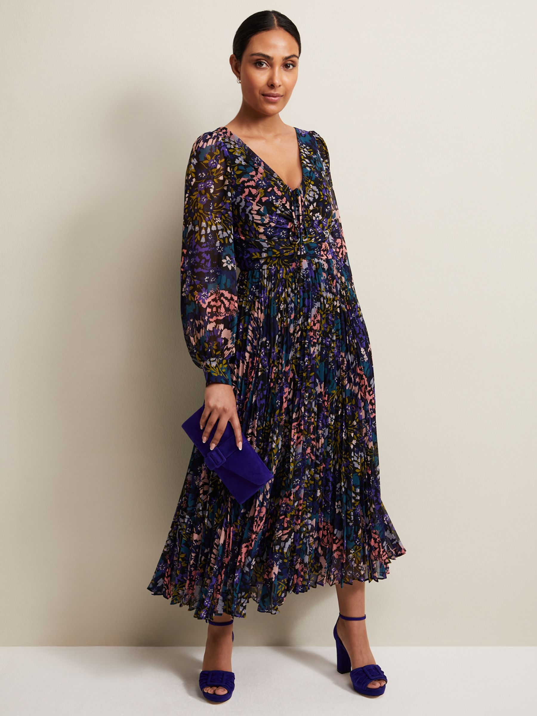 Phase Eight Petite Kindra Floral Print Pleated Midi Dress, Multi at ...