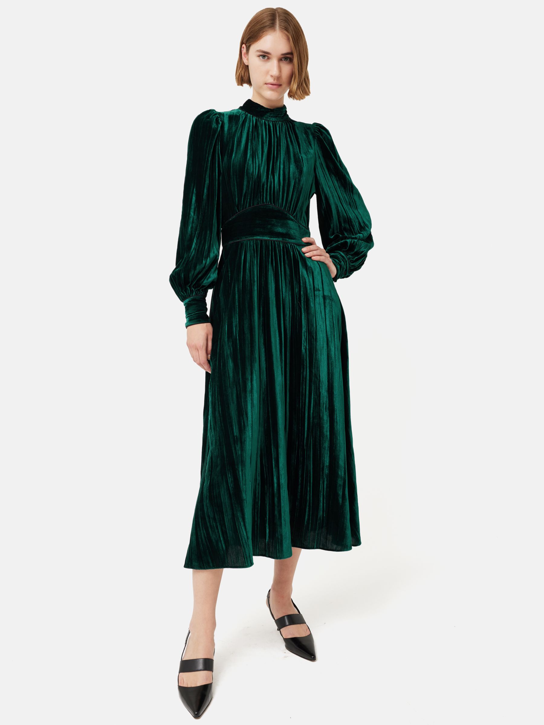 Jigsaw Velvet Plisse Midi Dress, Green