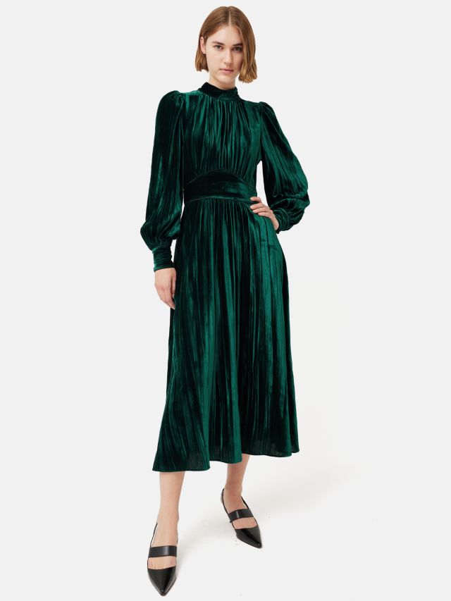 Jigsaw Velvet Plisse Midi Dress, Green, 6
