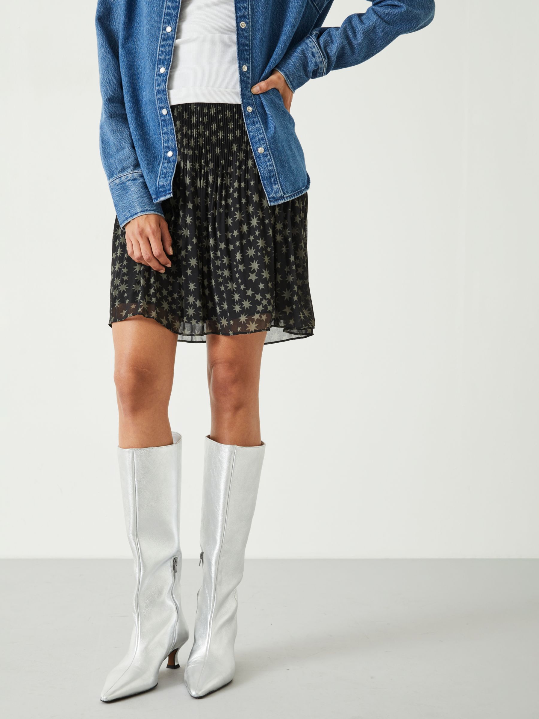 HUSH Camila Leather Kitten Heel Knee Boots, Silver, 5