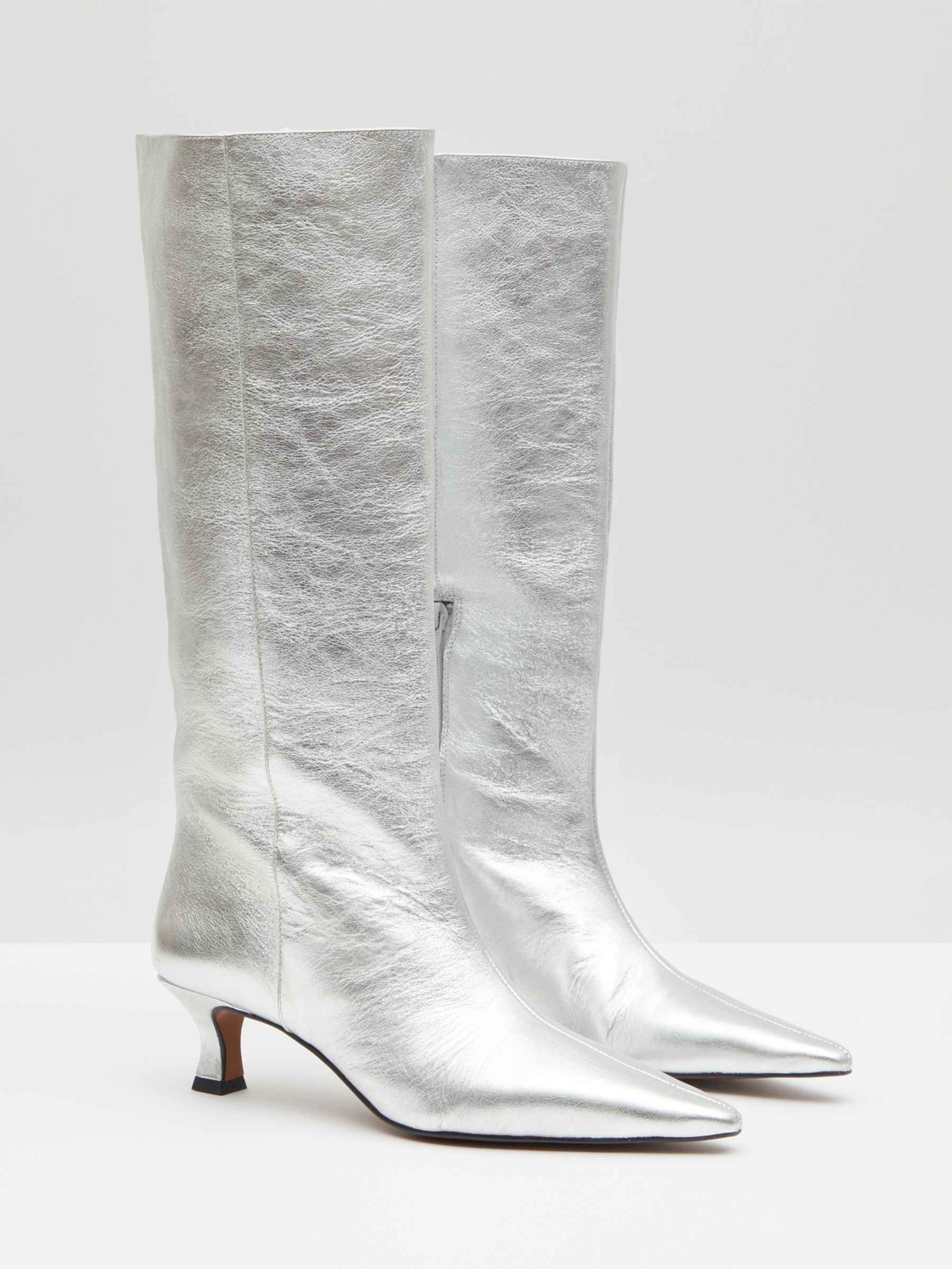 HUSH Camila Leather Kitten Heel Knee Boots, Silver, 5