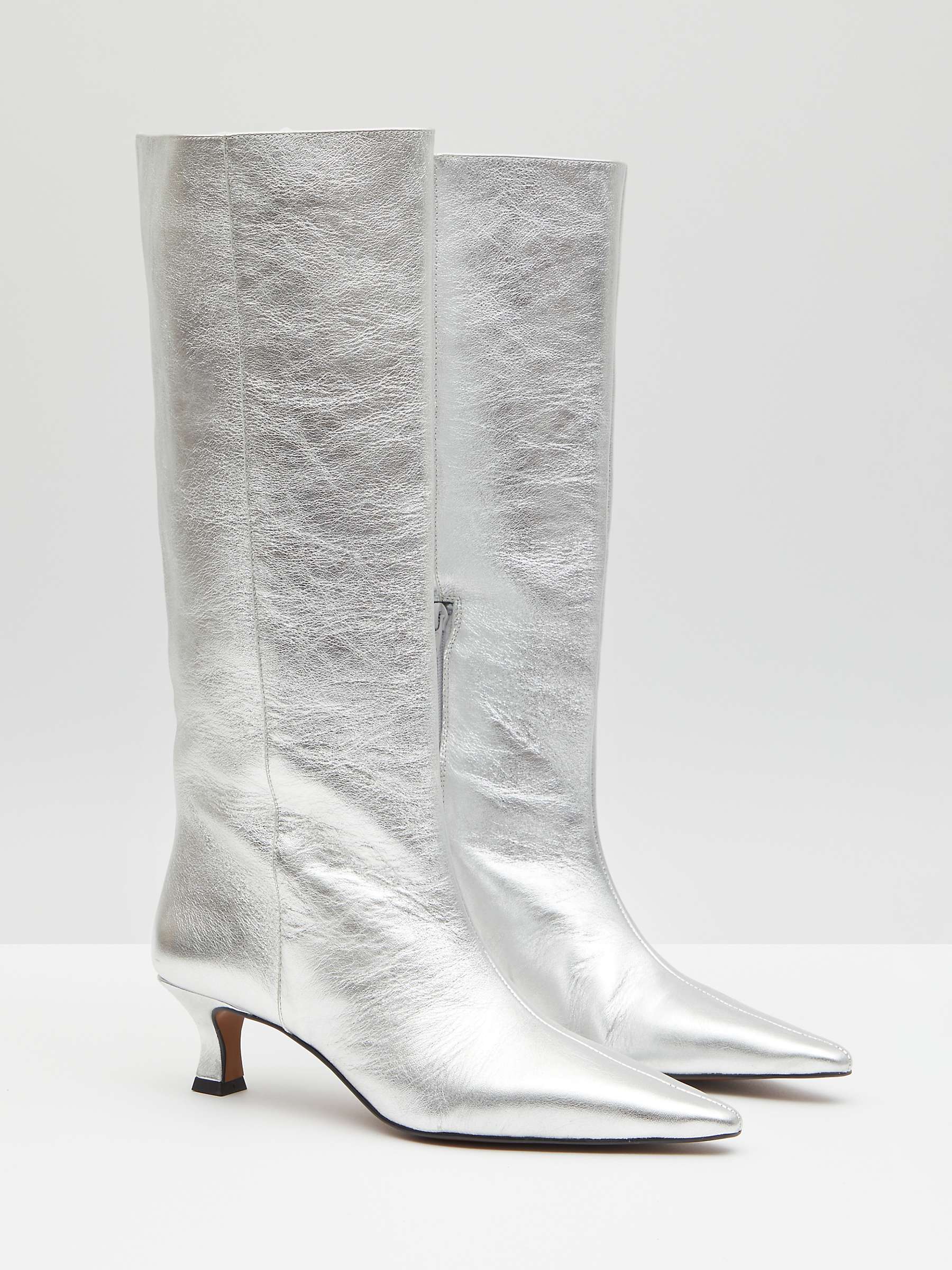 HUSH Camila Leather Kitten Heel Knee Boots, Silver at John Lewis & Partners