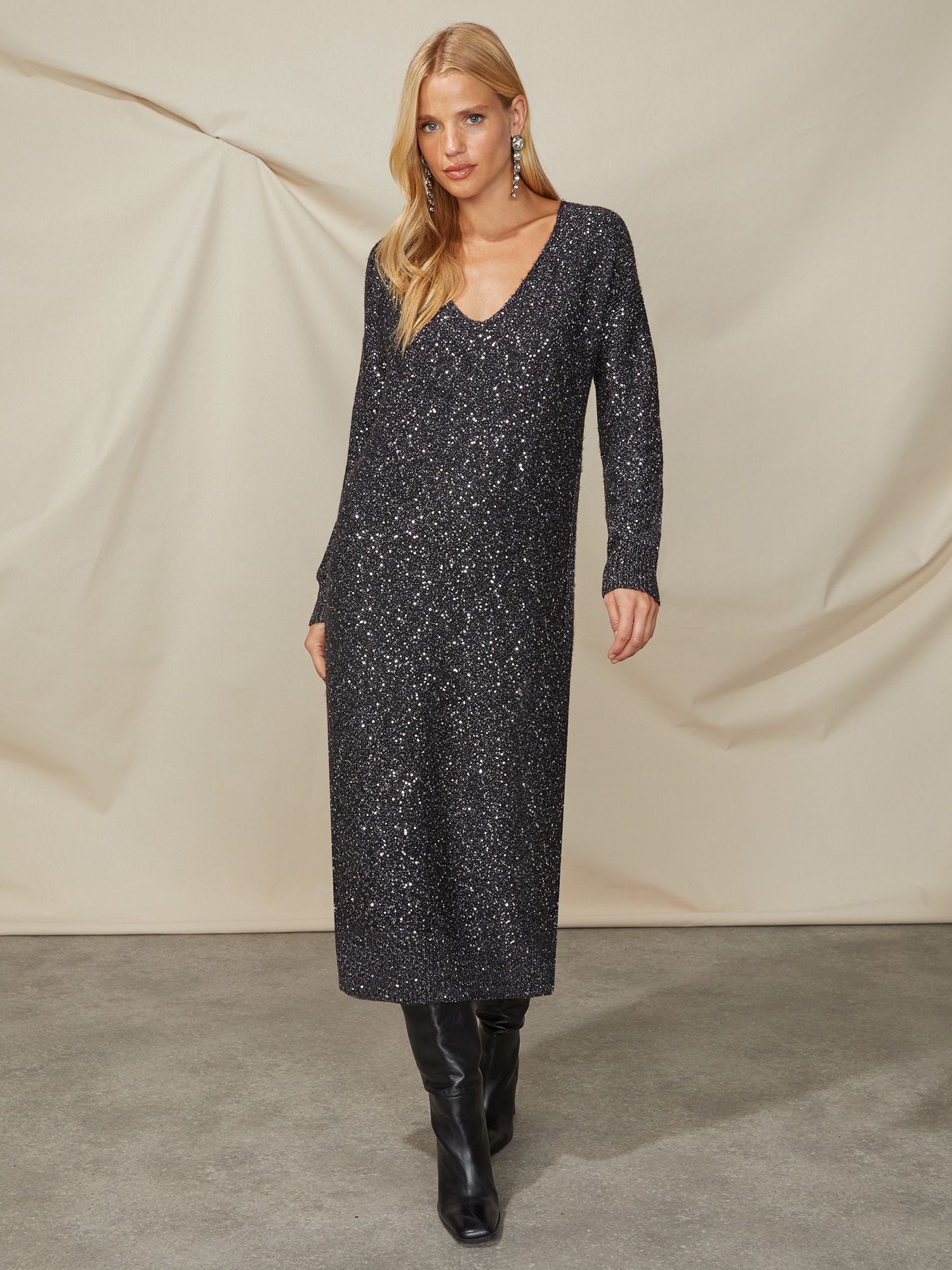 Buy Ro&Zo Sparkle Sequin V Neck Knitted Dress, Grey Online at johnlewis.com