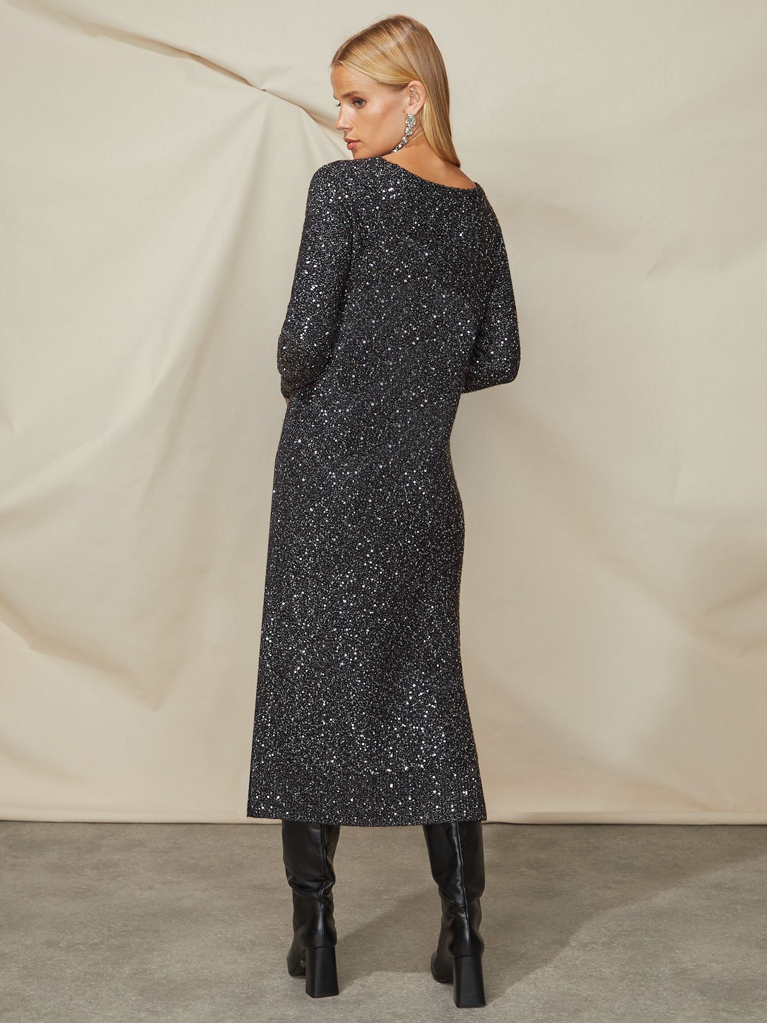 Buy Ro&Zo Sparkle Sequin V Neck Knitted Dress, Grey Online at johnlewis.com