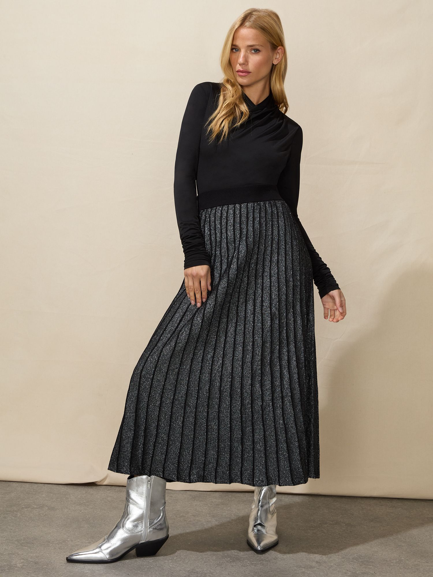 Ro&Zo Knit Pleated Midi Skirt, Black/Silver at John Lewis & Partners