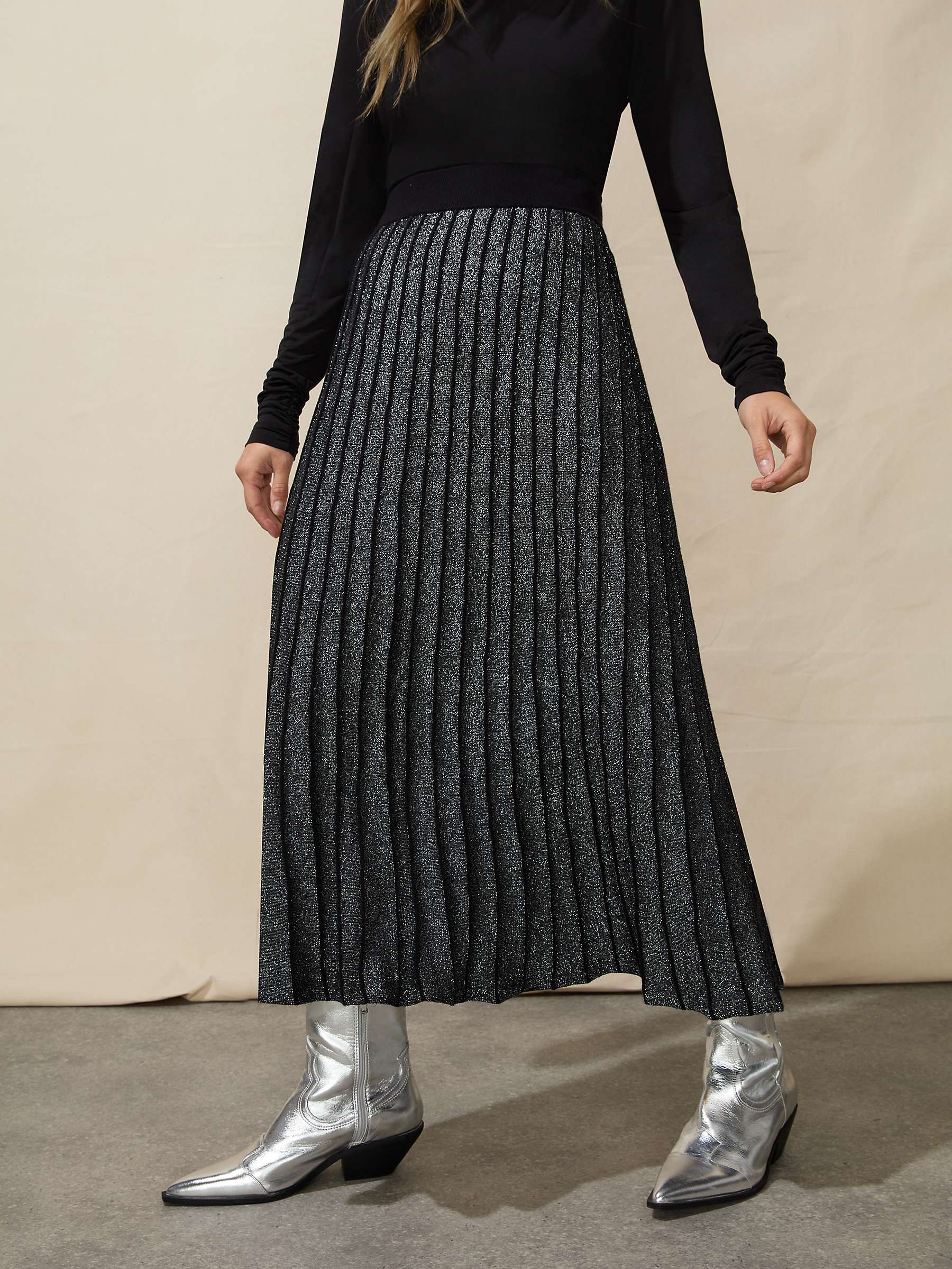 Buy Ro&Zo Knit Pleated Midi Skirt, Black/Silver Online at johnlewis.com
