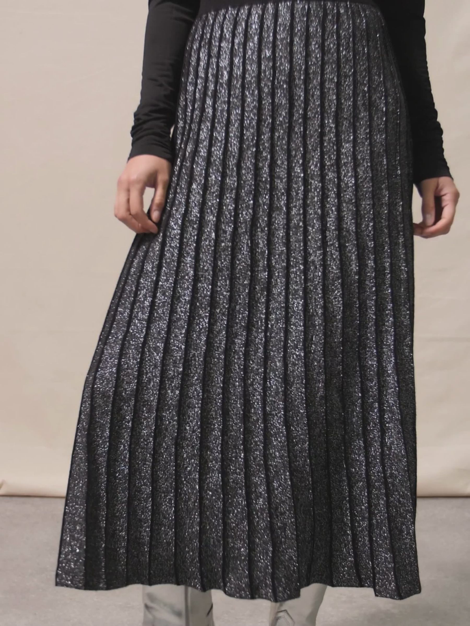 Ro&Zo Knit Pleated Midi Skirt, Black/Silver at John Lewis & Partners