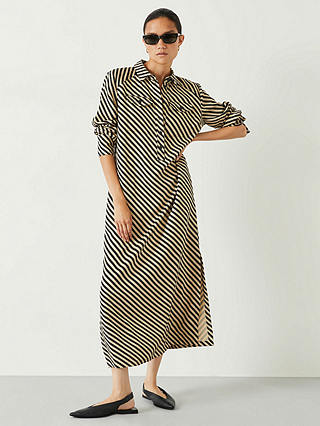 HUSH Toria Diagonal Stripe Midi Shirt Dress, Black/Cream