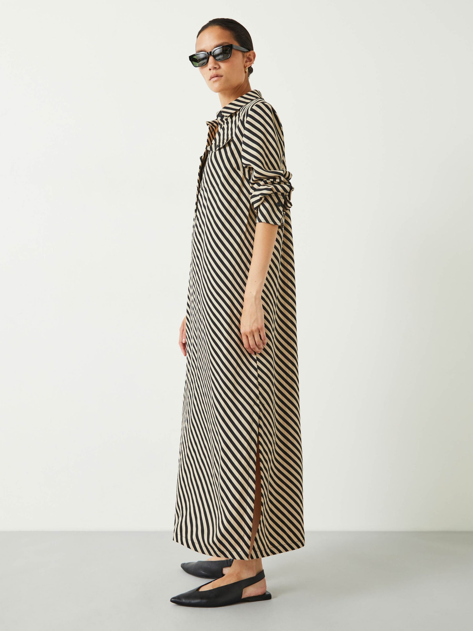 HUSH Toria Diagonal Stripe Midi Shirt Dress, Black/Cream, 4