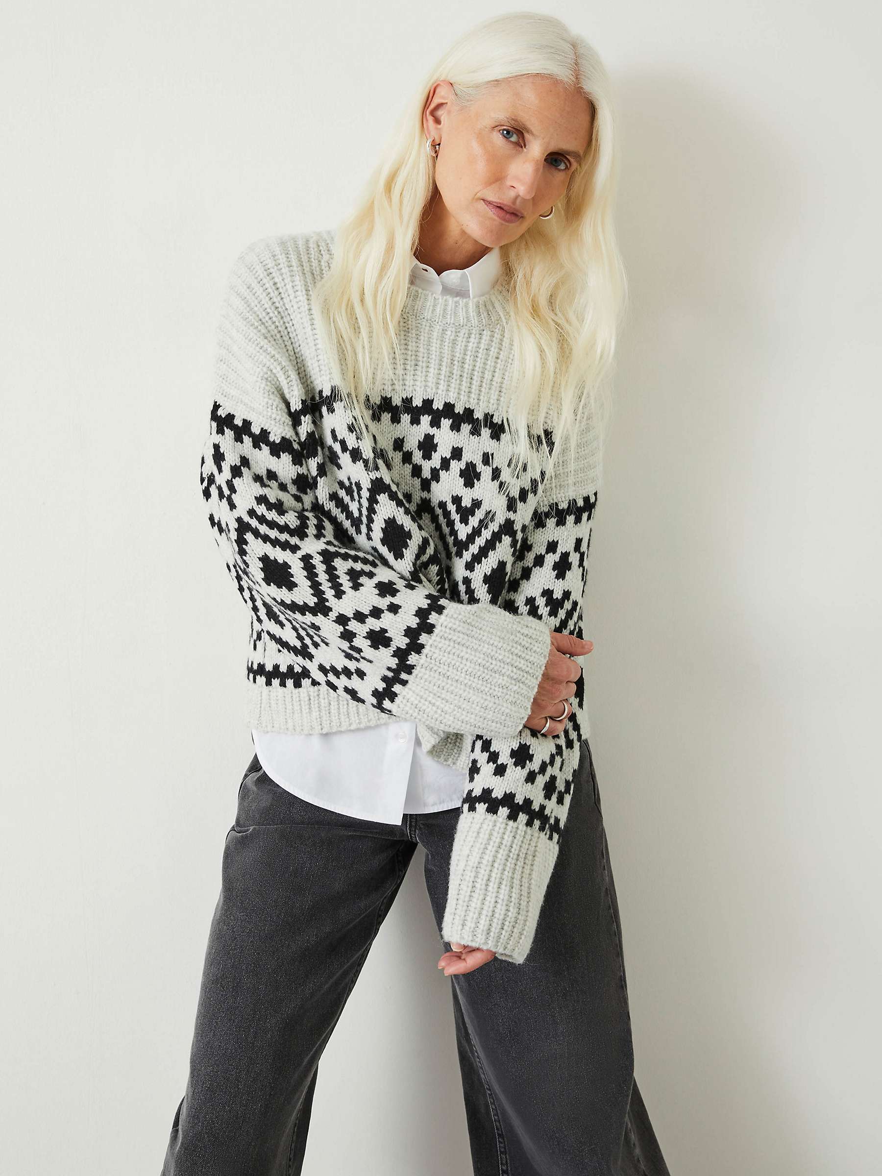 HUSH Kellen Fairisle Chunky Rib Cropped Jumper, Palest Grey/Black at ...