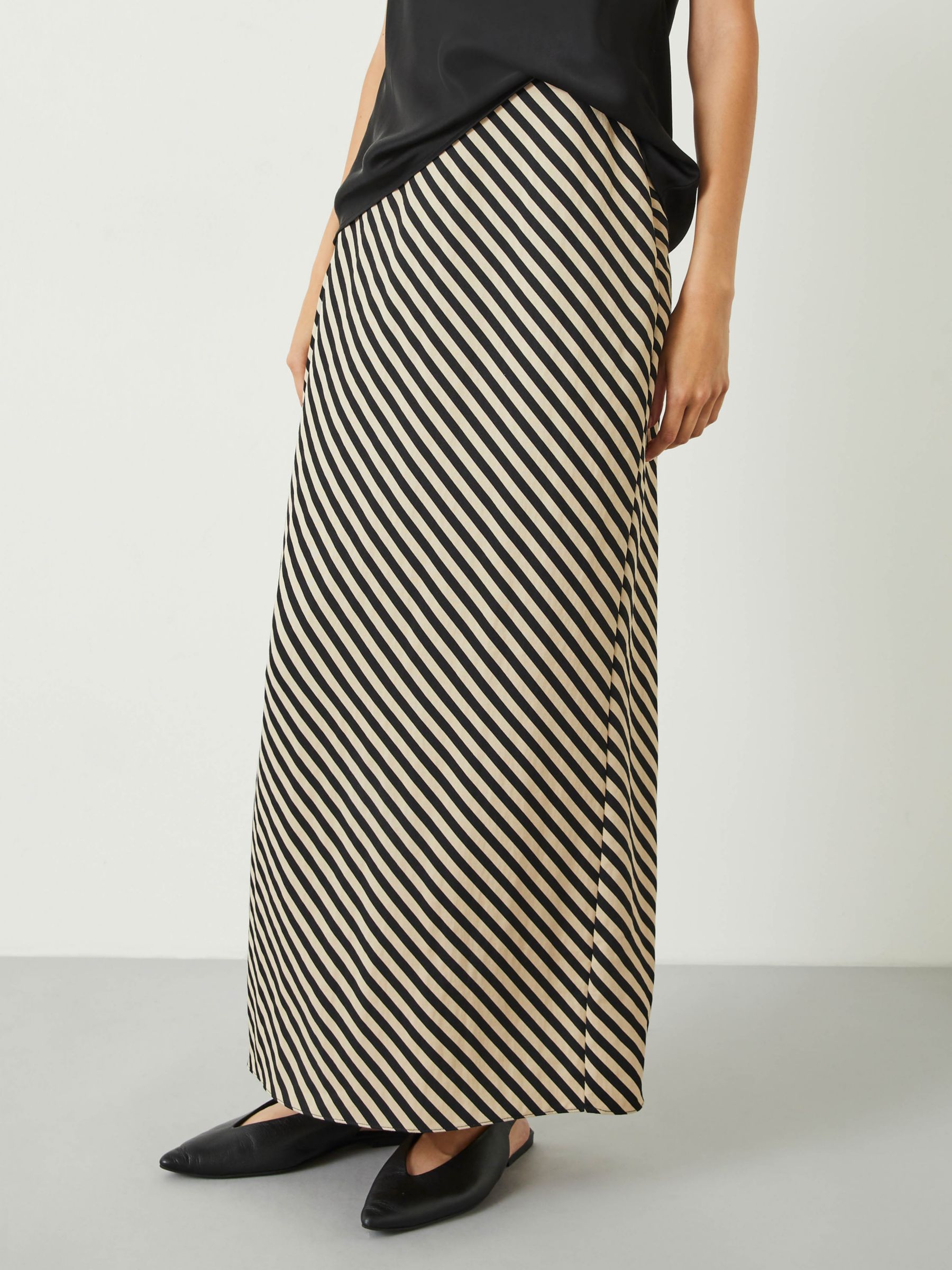 Reema Diagonal Stripe Split Maxi Skirt, Black/Cream, 10