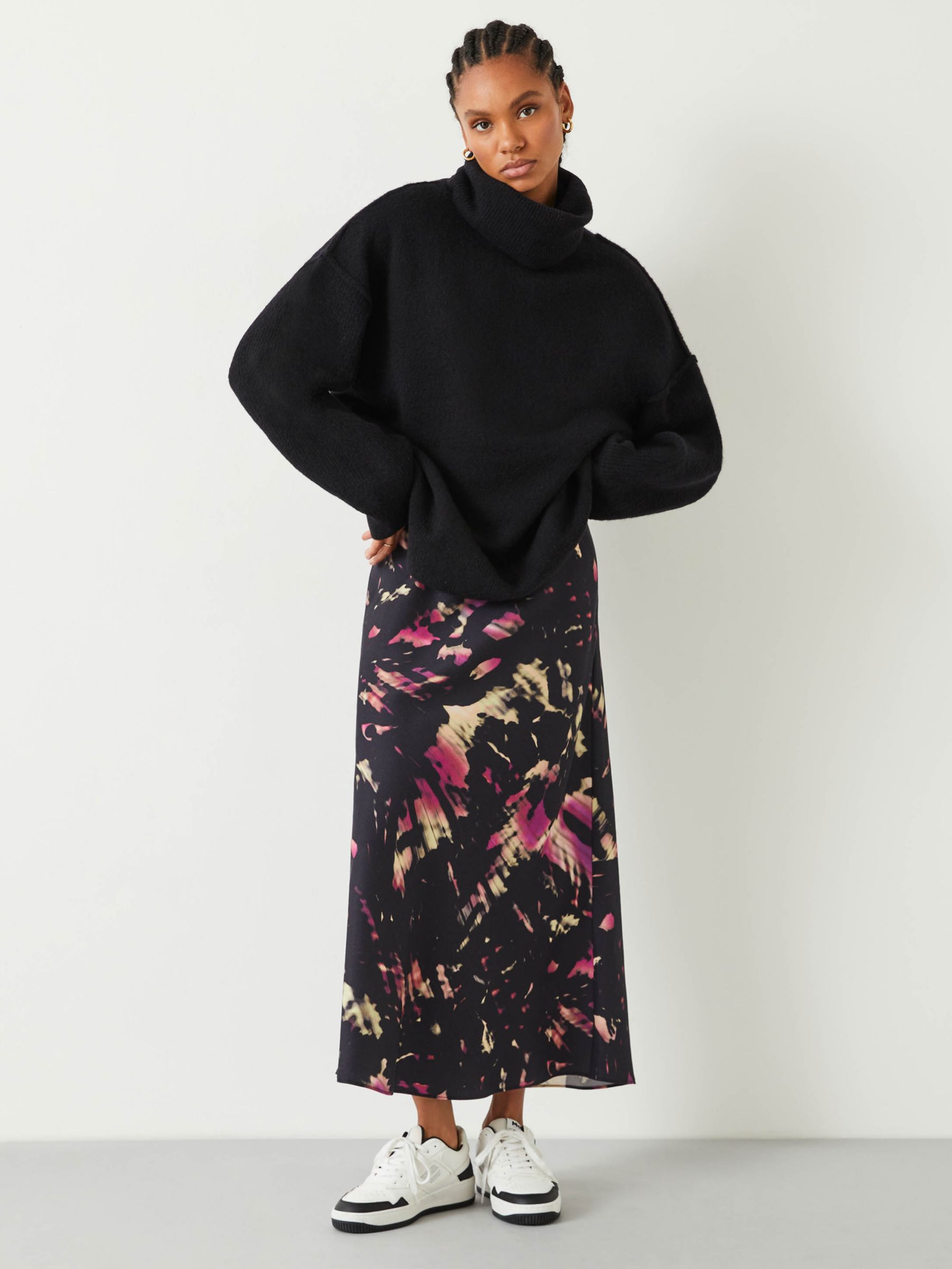 HUSH Emeri Shadow Print Slip Maxi Skirt, Black/Multi at John Lewis ...