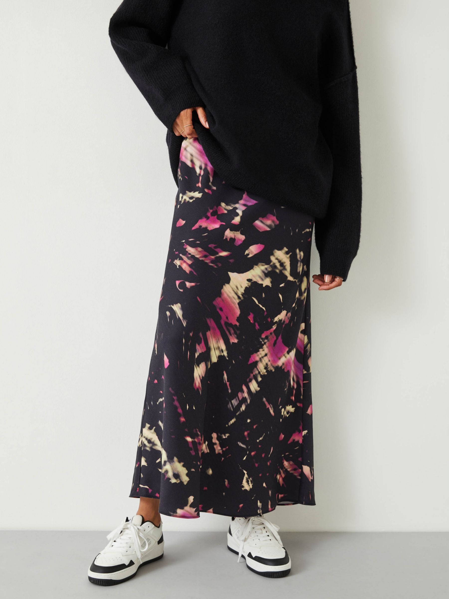 HUSH Emeri Shadow Print Slip Maxi Skirt, Black/Multi at John Lewis