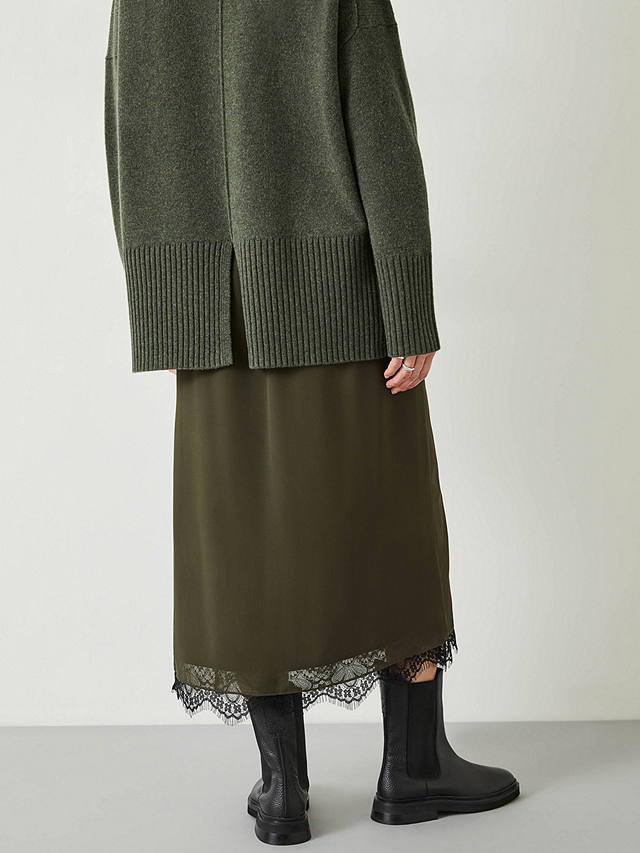 HUSH Jordana Lace Hem Midi Skirt, Forest Green