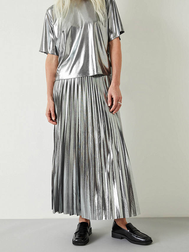 HUSH Raven Pleated Liquid Metallic Maxi Skirt, Silver