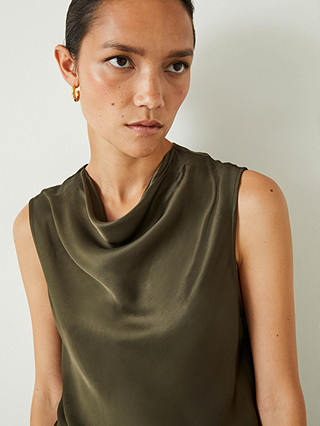 HUSH Chelsea Cowl Neck Satin Top, Forest Green
