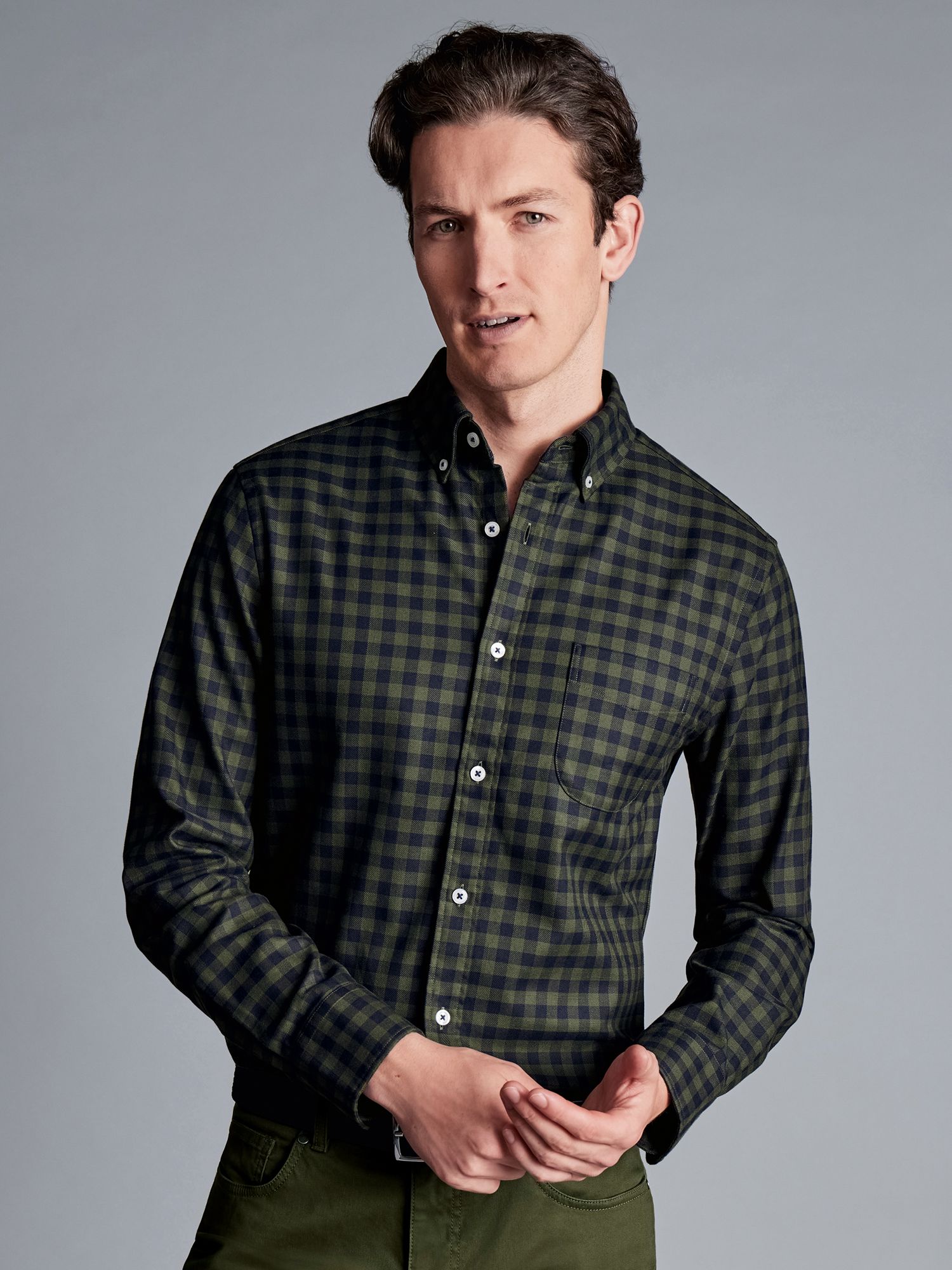 Charles Tyrwhitt Gingham Non-Iron Twill Classic Fit Shirt, Olive Green ...