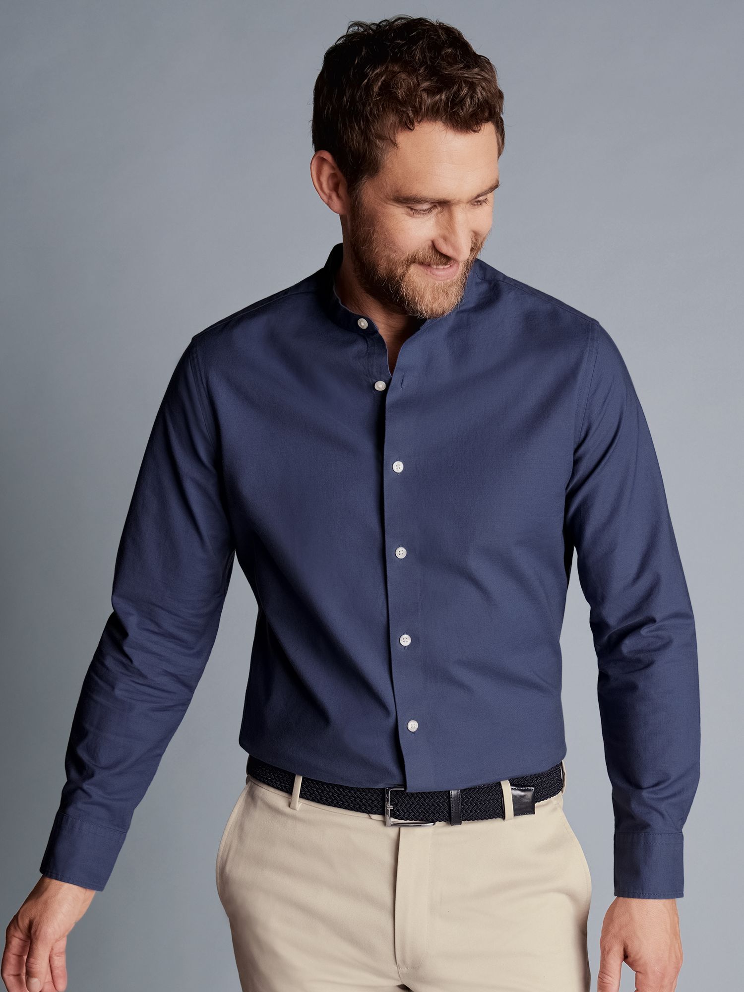 Charles Tyrwhitt Slim Fit Oxford Collarless Shirt, Blue at John Lewis ...