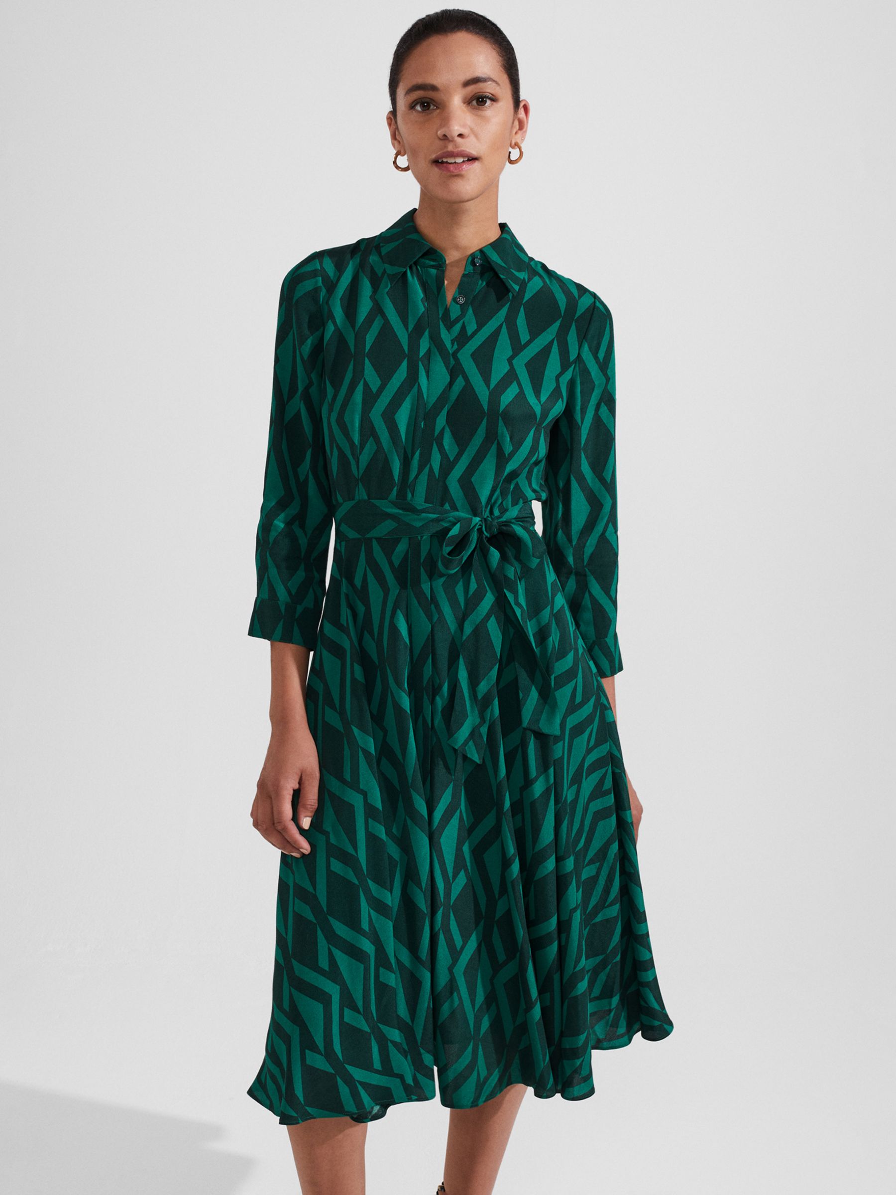 Hobbs Petite Lainey Geometric Print Shirt Dress, Green/Multi