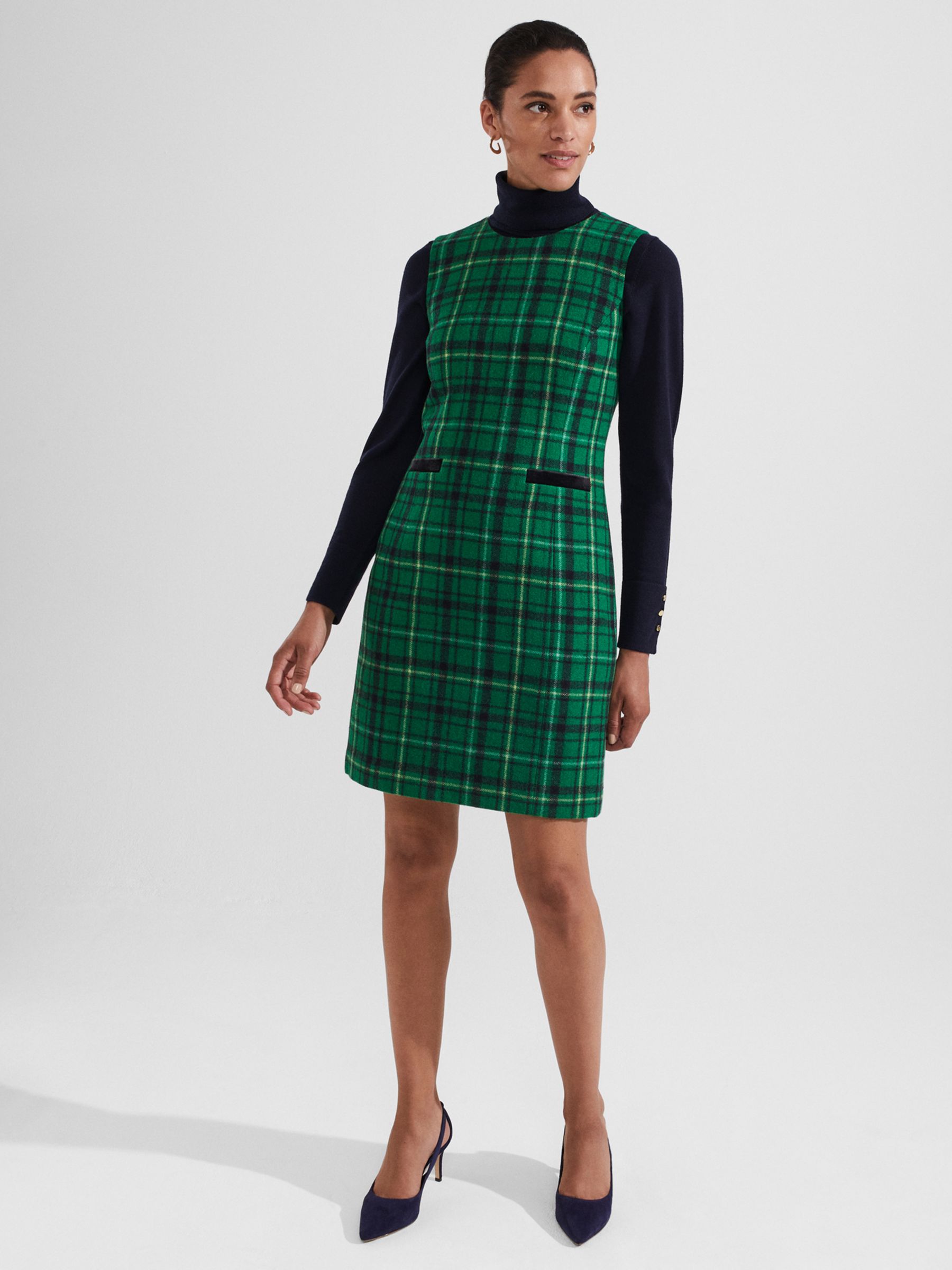Hobbs Petite Margot Check Wool Dress, Green/Multi at John Lewis & Partners