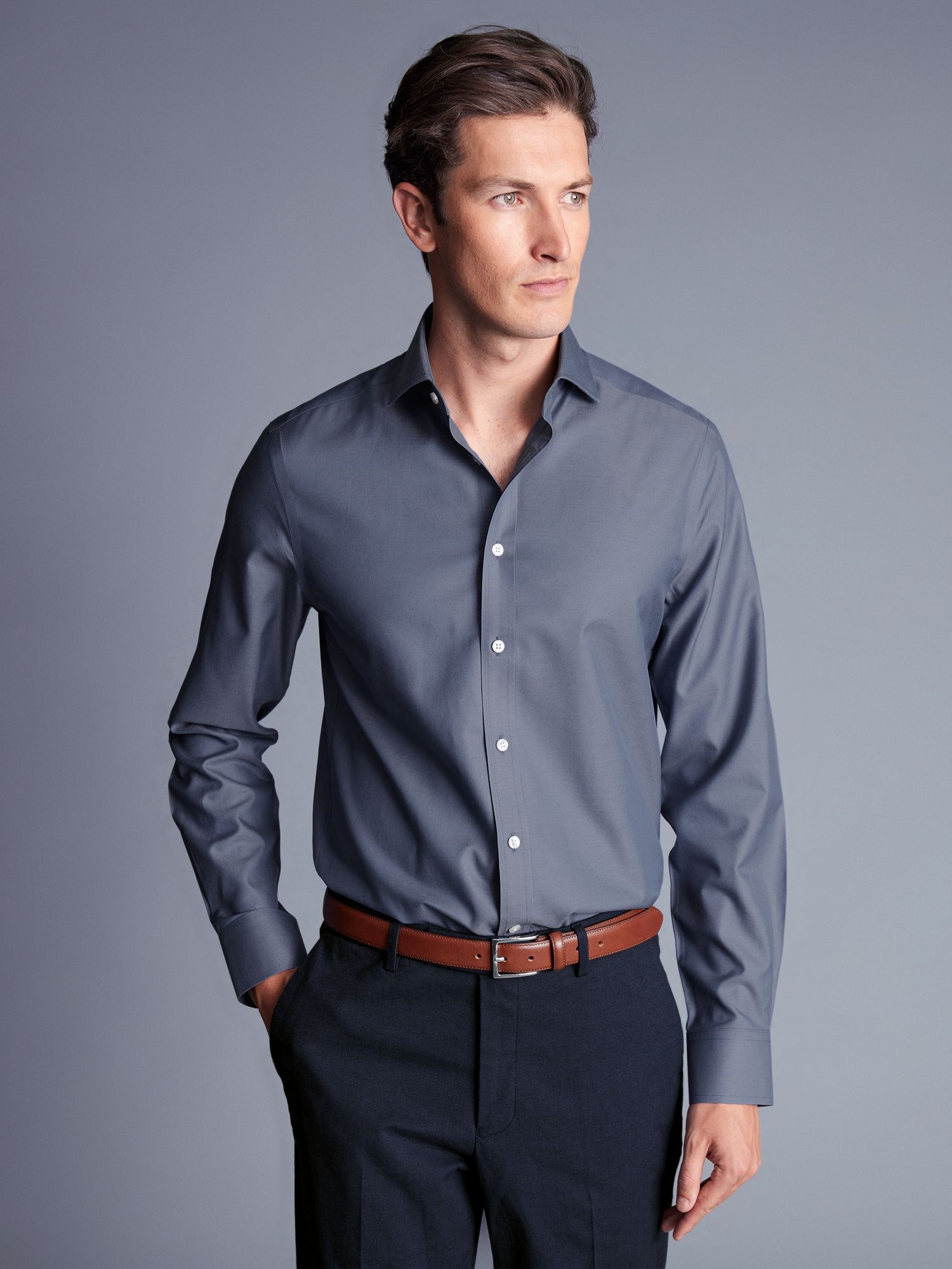 Charles Tyrwhitt Non-Iron Twill Cutaway Slim Fit Cotton Shirt, Heather ...