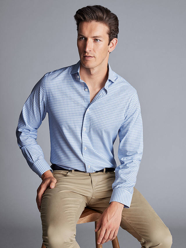 Charles Tyrwhitt Check Non-Iron Stretch Twill Slim Fit Shirt, Ocean Blue/White