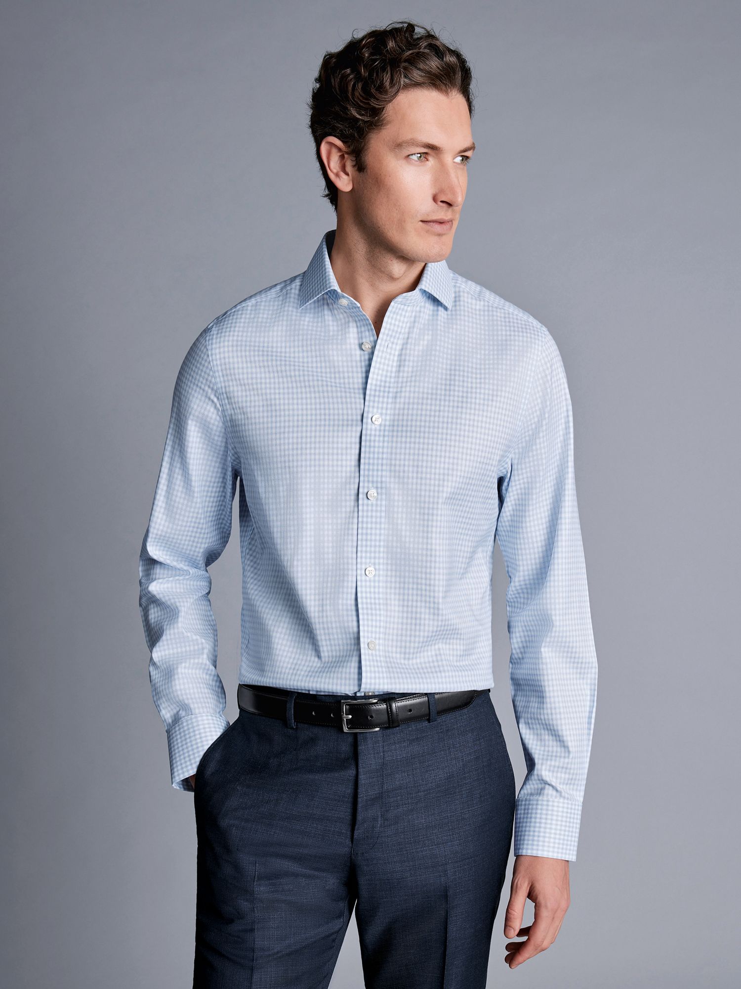 Charles Tyrwhitt Double Check Non-Iron Cutaway Slim Fit Shirt, Sky Blue ...