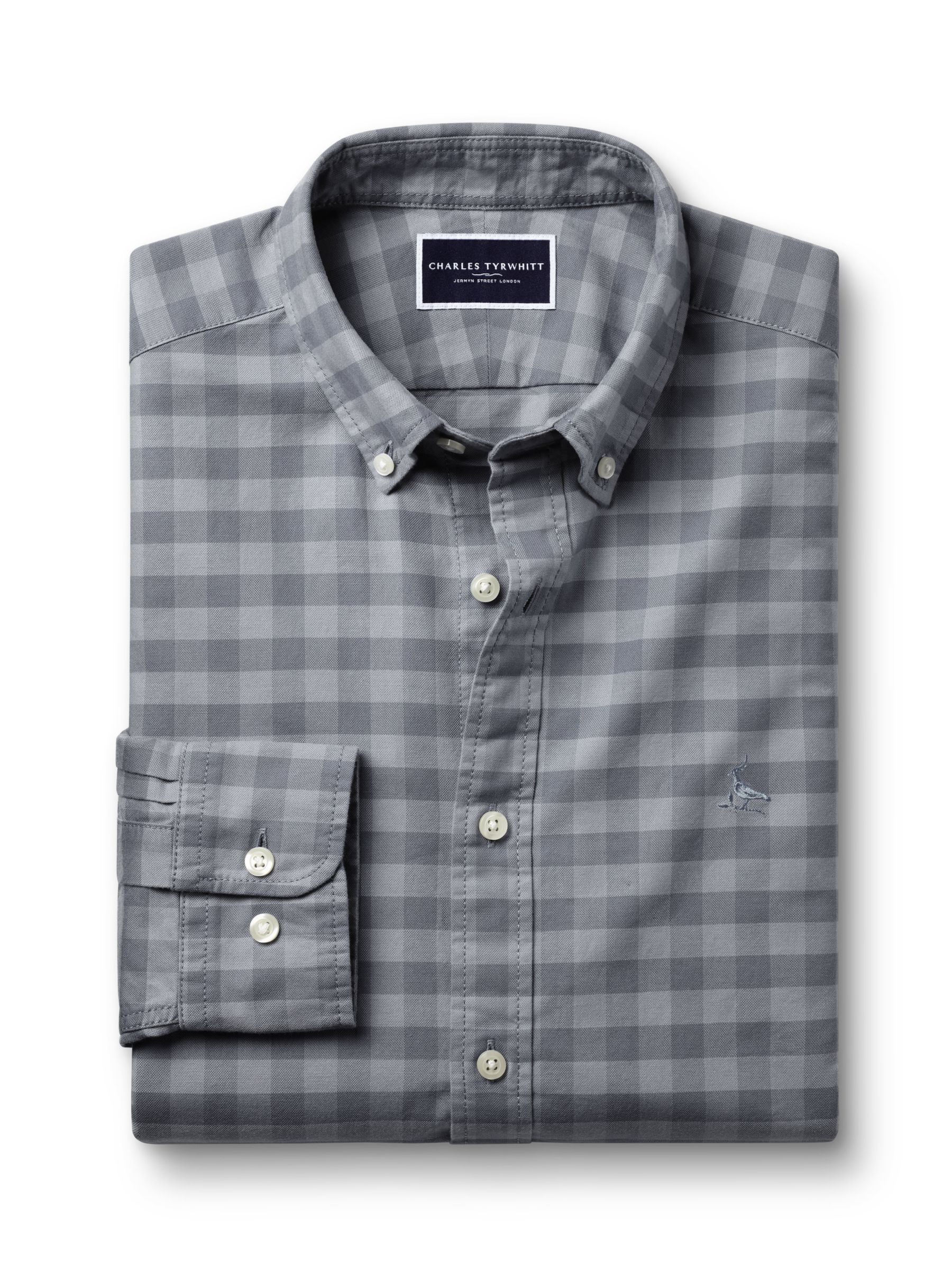 Charles Tyrwhitt Gingham Button-Down Washed Oxford Slim Shirt, Flint Grey, XXL