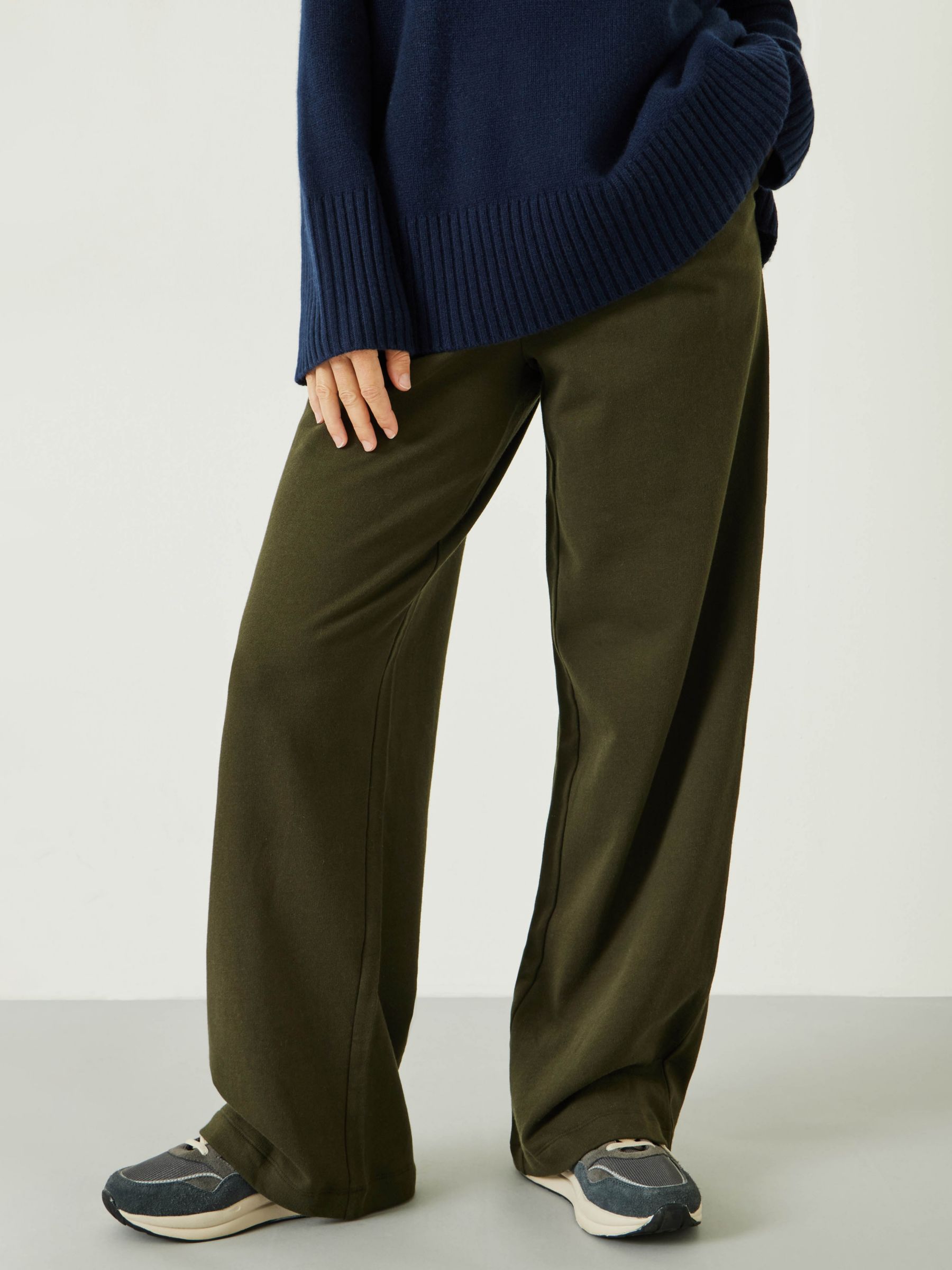 HUSH Theo Wide Leg Jersey Trousers, Olive at John Lewis & Partners