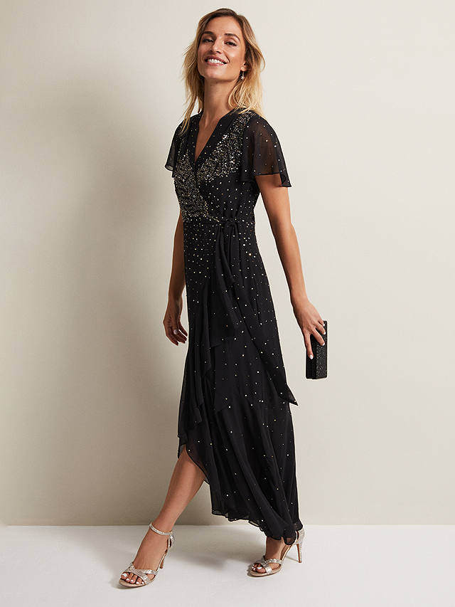 Phase Eight Melody Sequin Feather Maxi Dress, Black