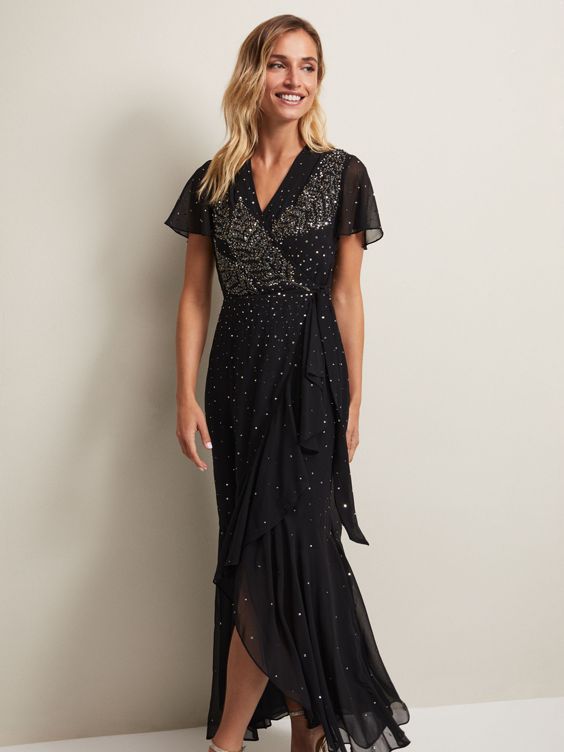 Phase Eight Melody Sequin Feather Maxi Dress, Black, 10