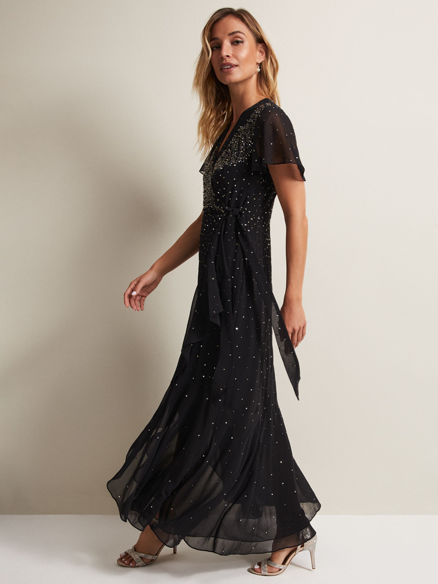 Phase Eight Melody Sequin Feather Maxi Dress, Black, 10