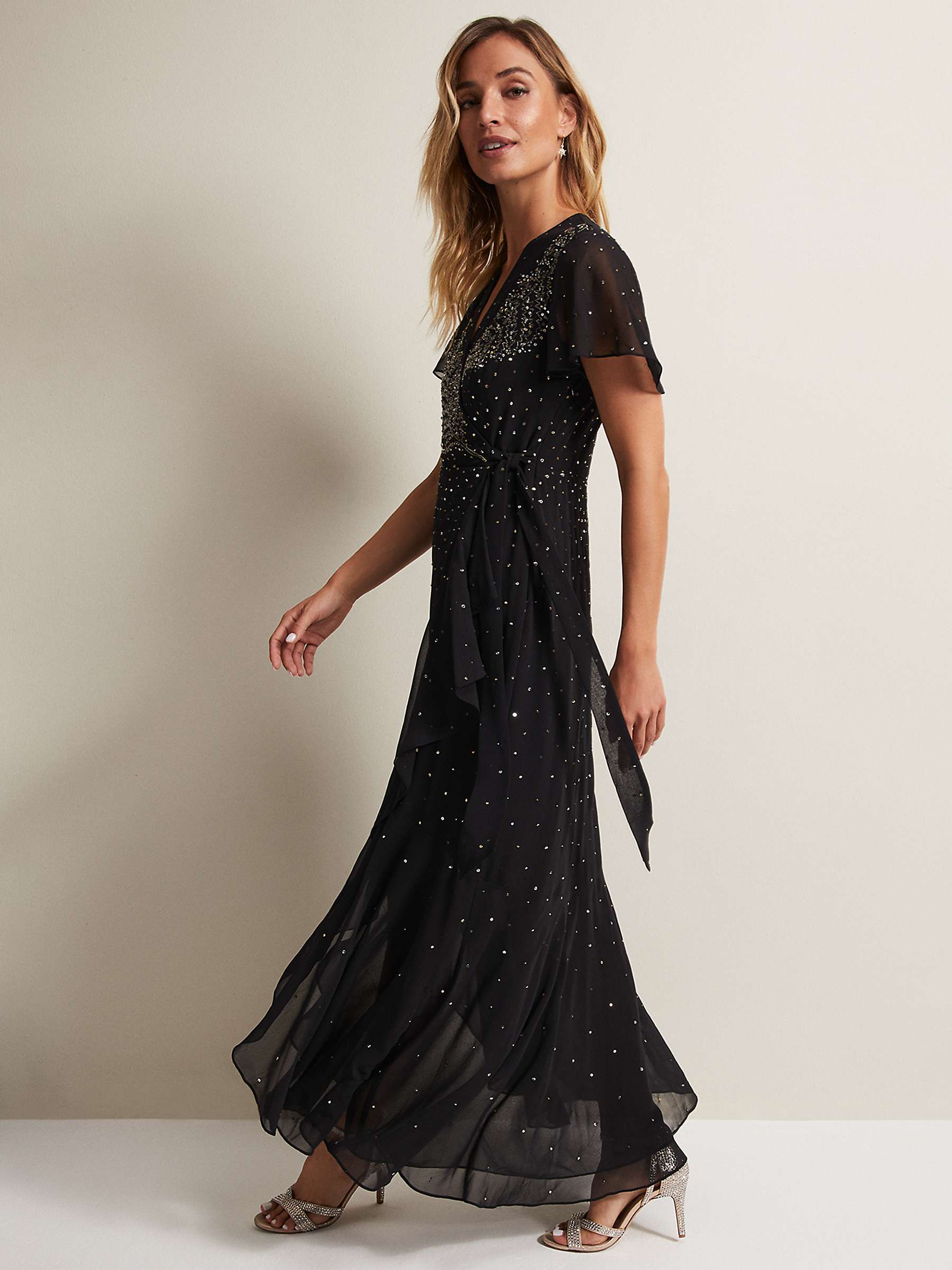 Phase Eight Melody Sequin Feather Maxi Dress, Black at John Lewis ...