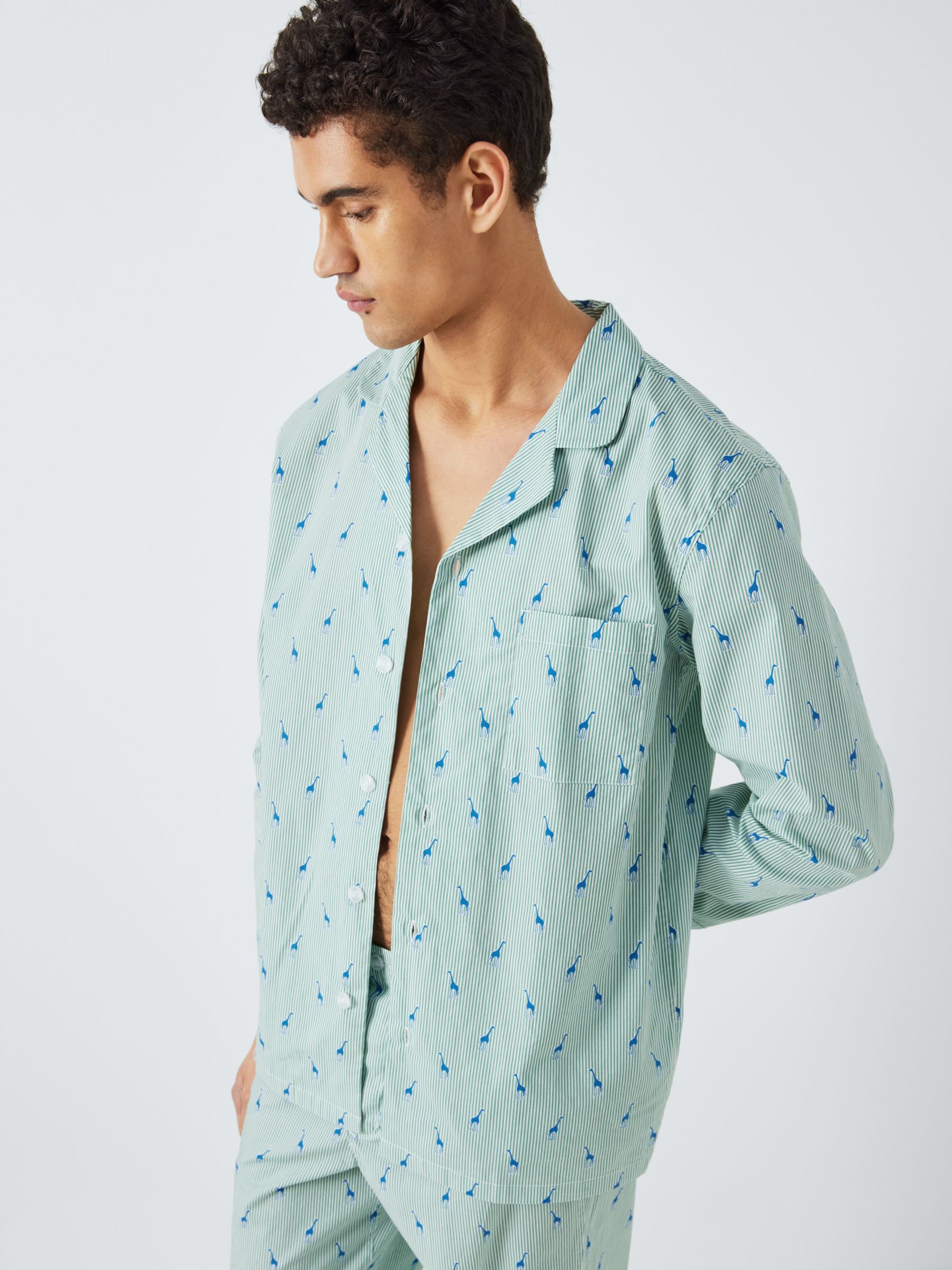 John Lewis Organic Cotton Giraffe Print Pyjama Set, Blue/Multi, S