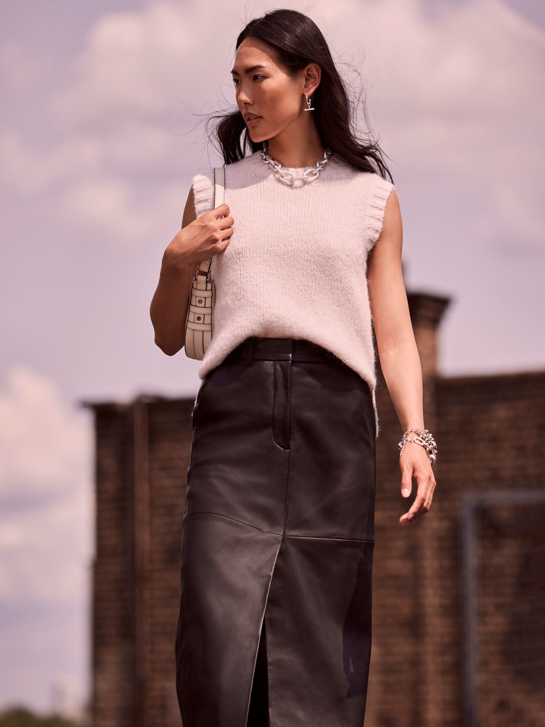 Mint Velvet Leather Midi Skirt, Black, 6