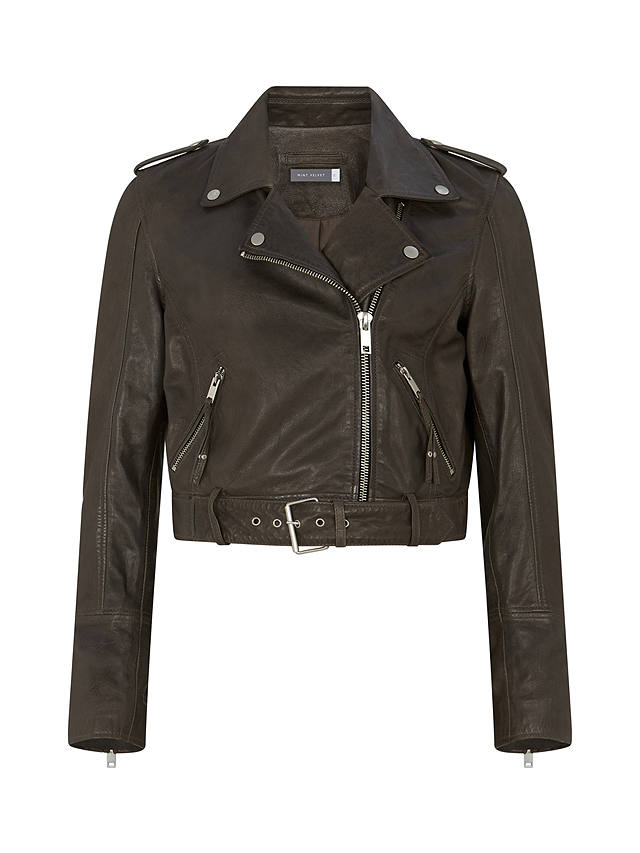 Mint Velvet Belted Leather Biker Jacket, Dark Grey