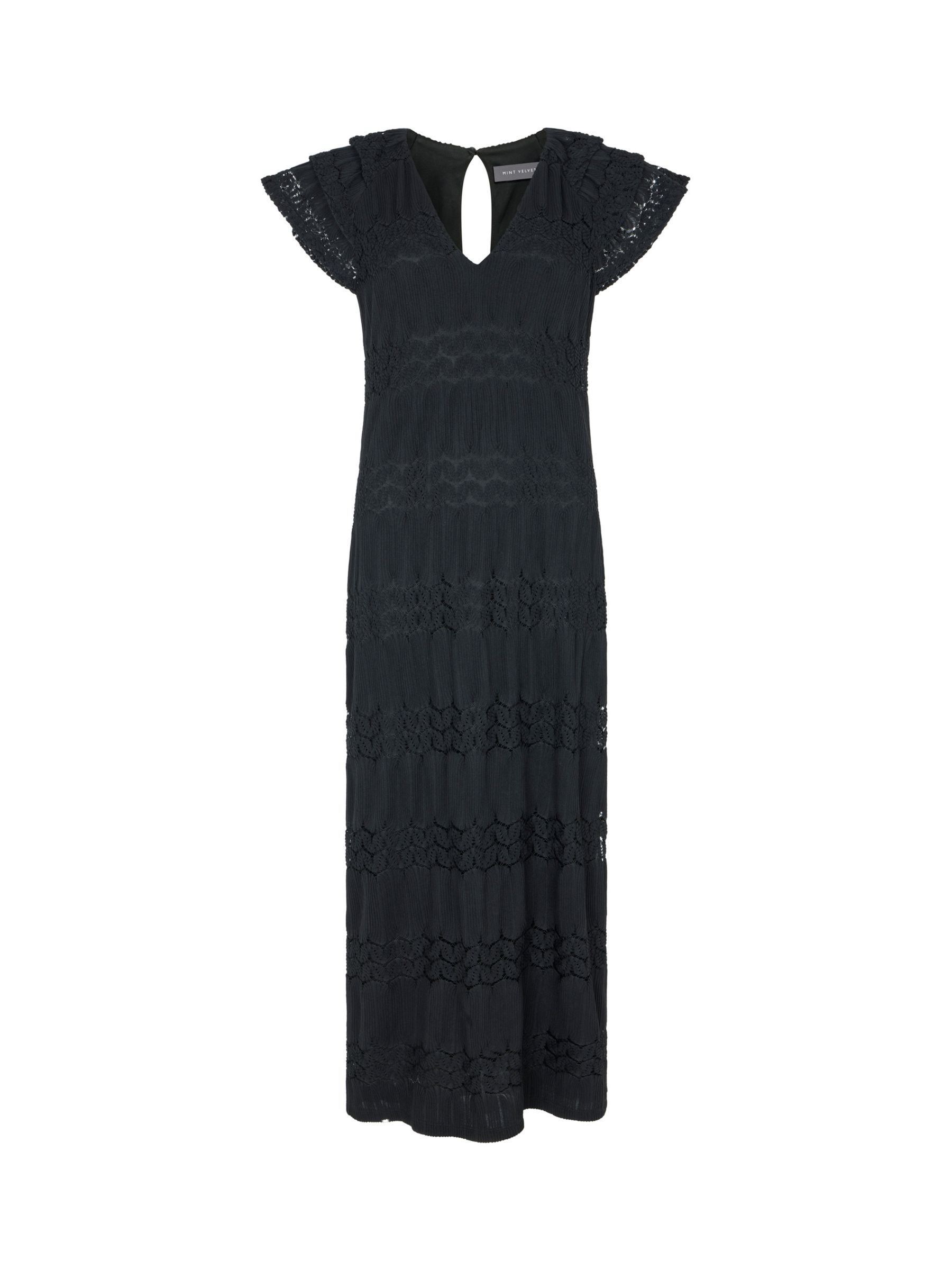 Mint Velvet Lace Crochet Ruffle Midi Dress, Black, M