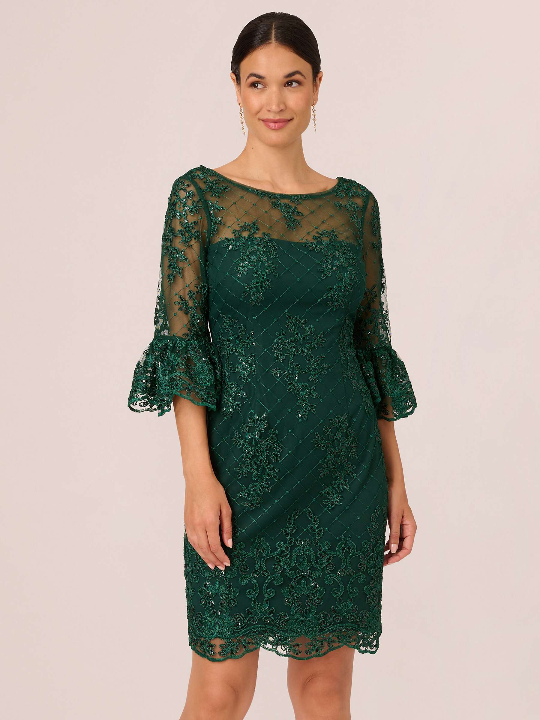 Buy Adrianna Papell Embroidered Bell Sleeve Dress, Deep Forest Online at johnlewis.com