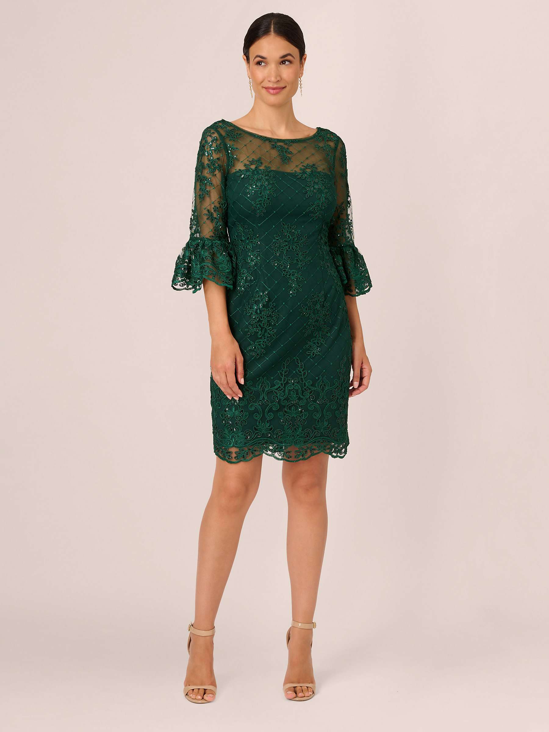 Buy Adrianna Papell Embroidered Bell Sleeve Dress, Deep Forest Online at johnlewis.com