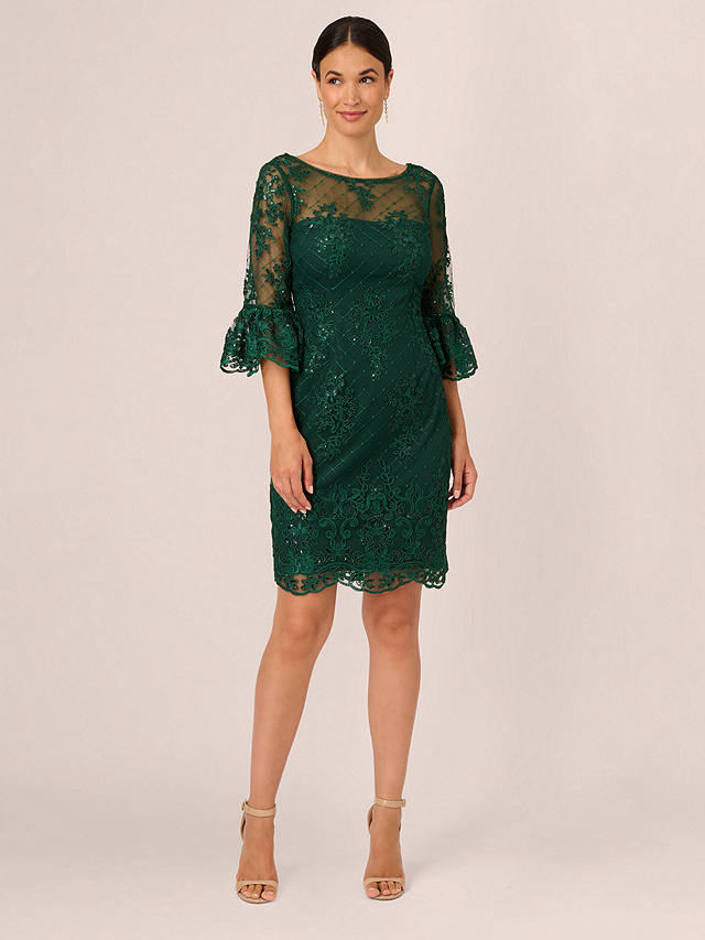 Adrianna Papell Embroidered Bell Sleeve Dress, Deep Forest