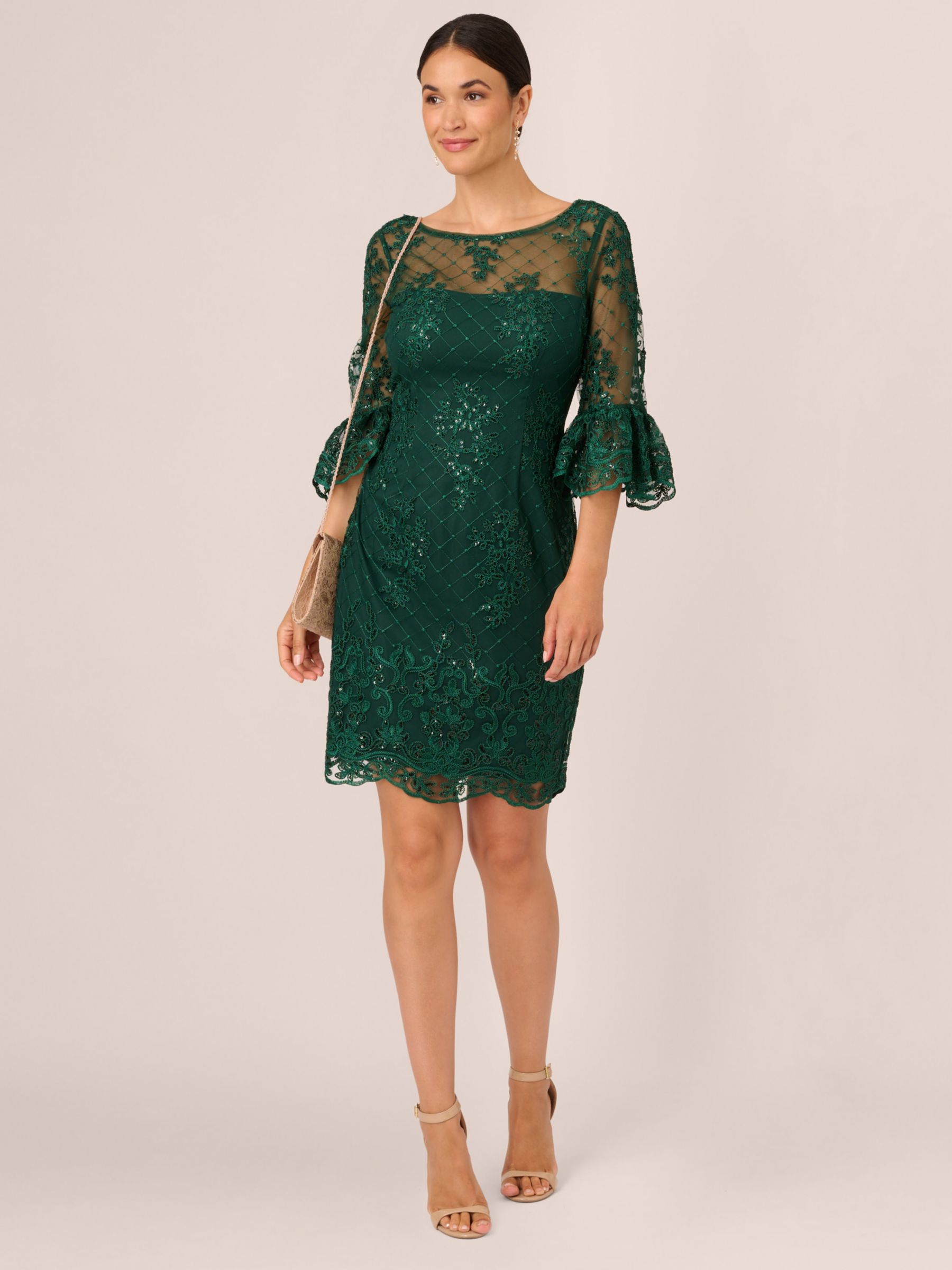 Adrianna Papell Embroidered Bell Sleeve Dress, Deep Forest, 12