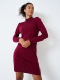 Crew Clothing Cotton & Wool Blend Knitted Funnel Neck Dress, Berry, Berry