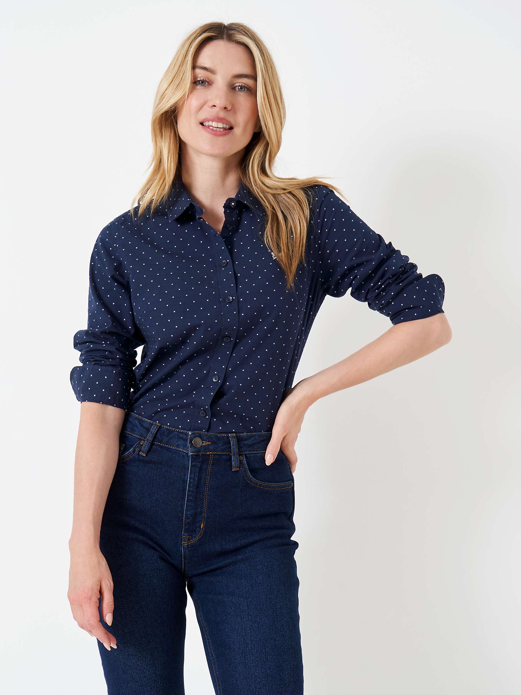 Buy Crew Clothing Penny Dobby Spot Shirt, Navy Blue Online at johnlewis.com
