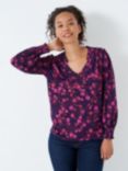 Crew Clothing Ruffle Neck Floral Blouse, Navy/Multi, Navy/Multi