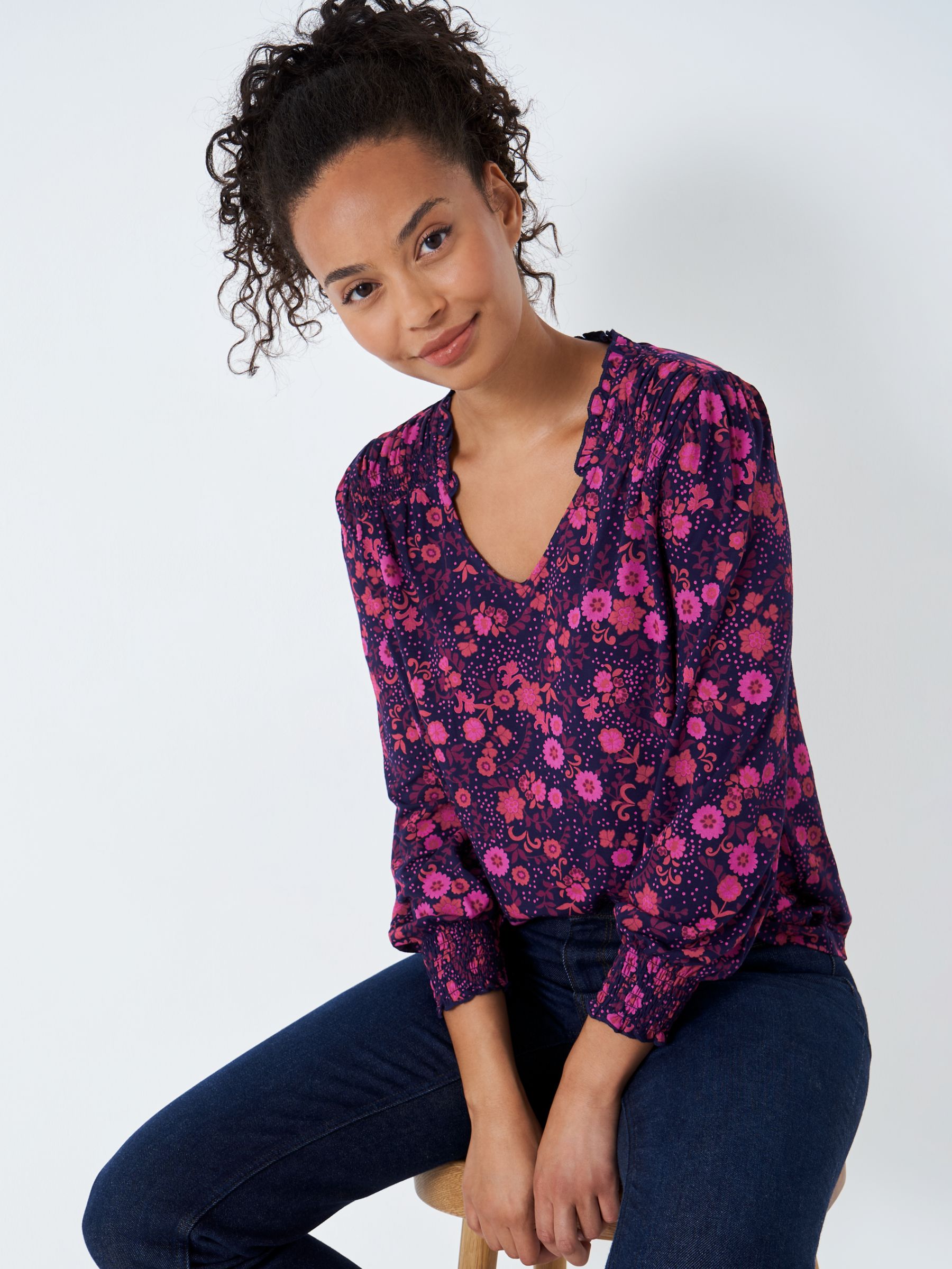 Buy Crew Clothing Ruffle Neck Floral Blouse, Navy/Multi Online at johnlewis.com