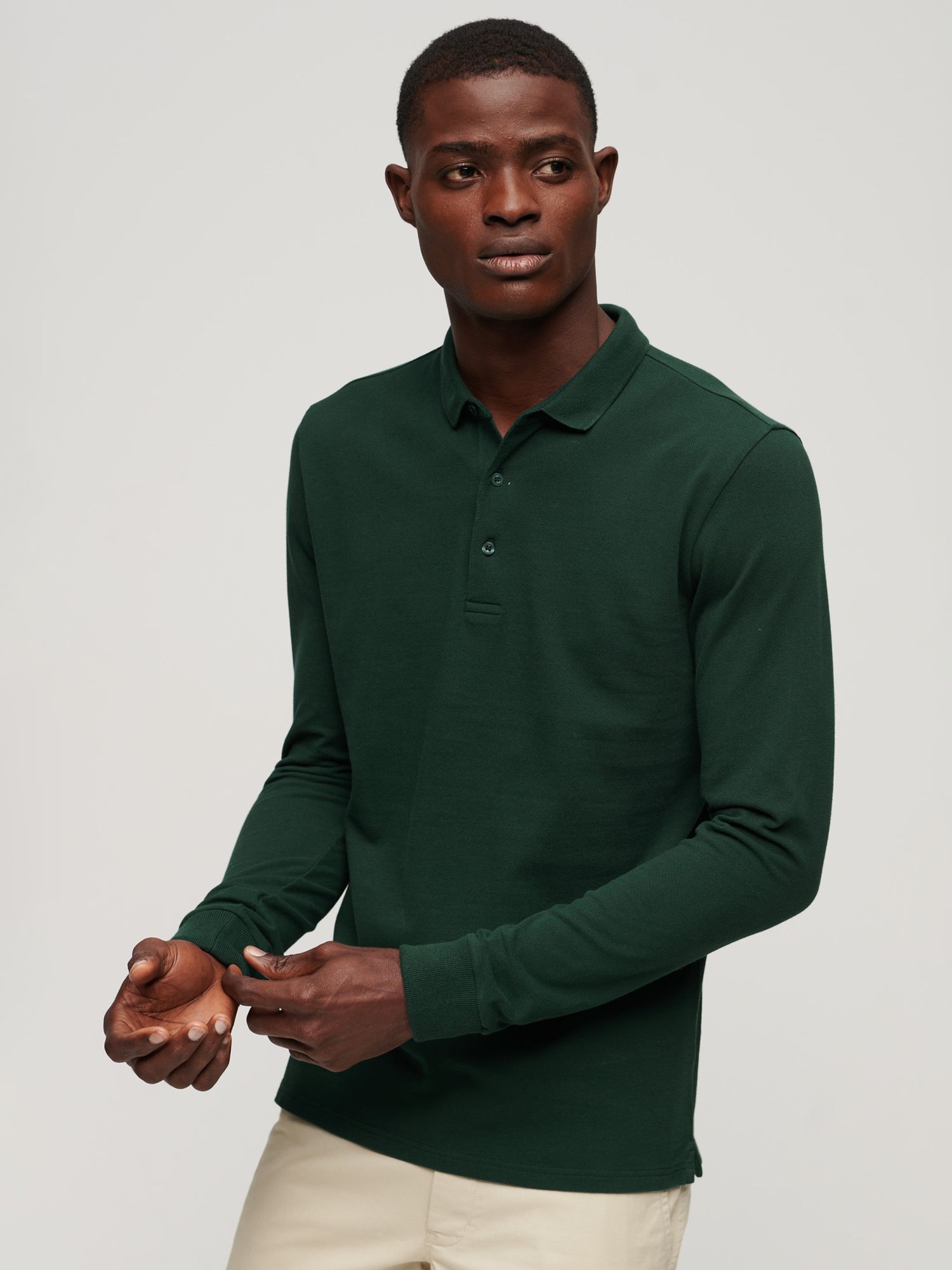 Superdry Long Sleeve Cotton Pique Polo Shirt, Forest Green, M
