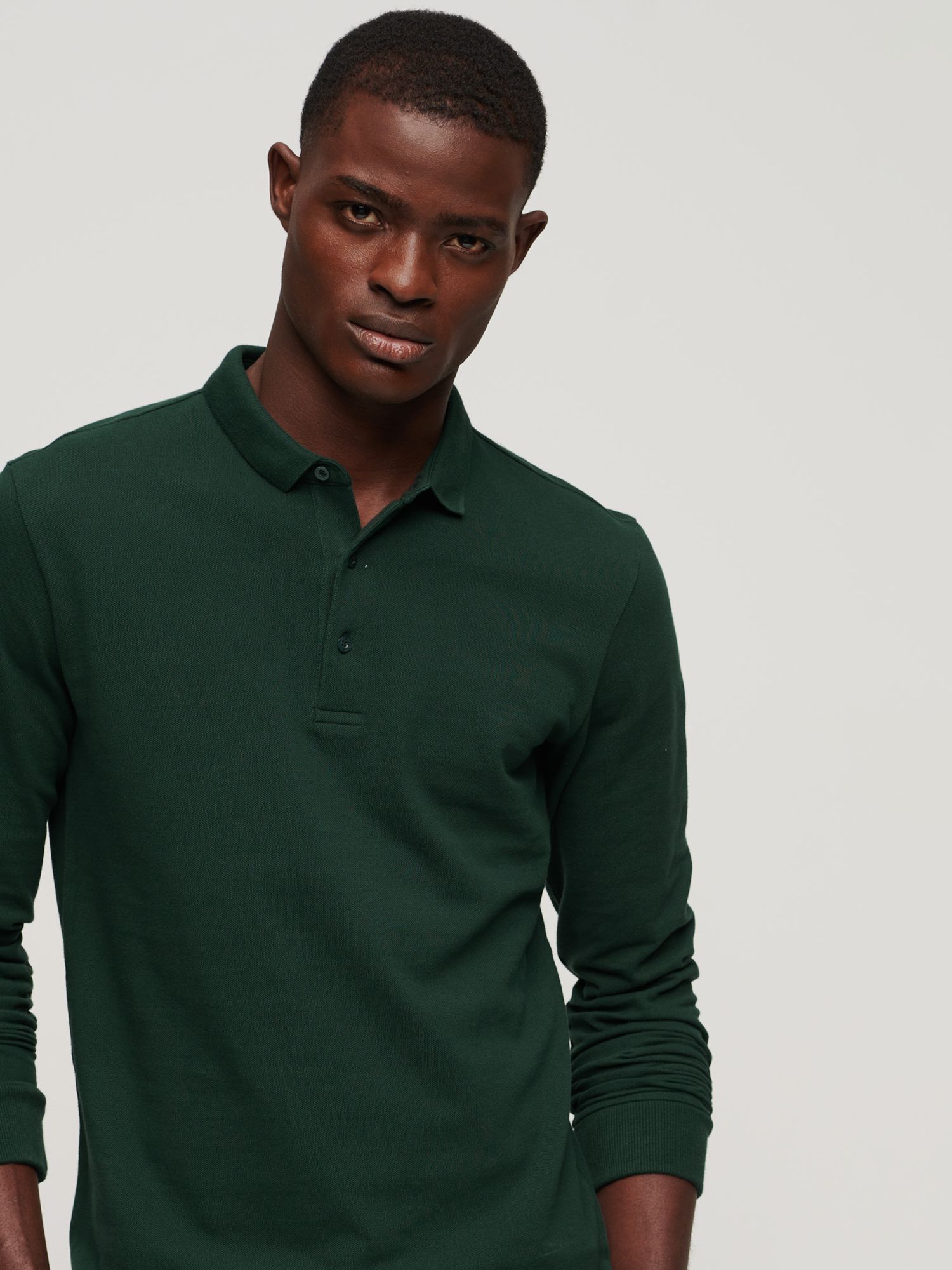 Superdry Long Sleeve Cotton Pique Polo Shirt, Forest Green, M