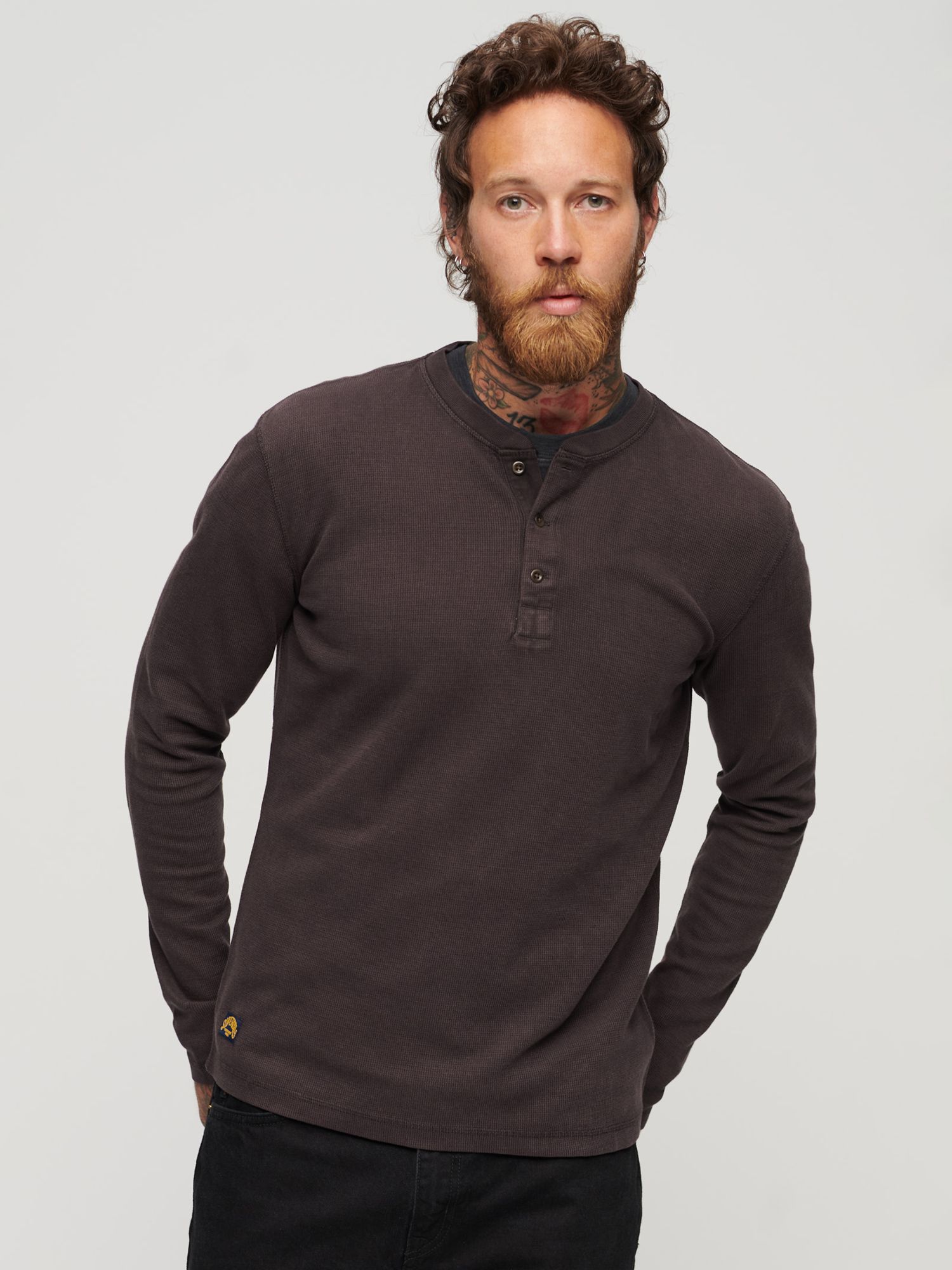 Superdry Organic Cotton Long Sleeve Waffle Henley Top, Surplus Goods Olive  at John Lewis & Partners