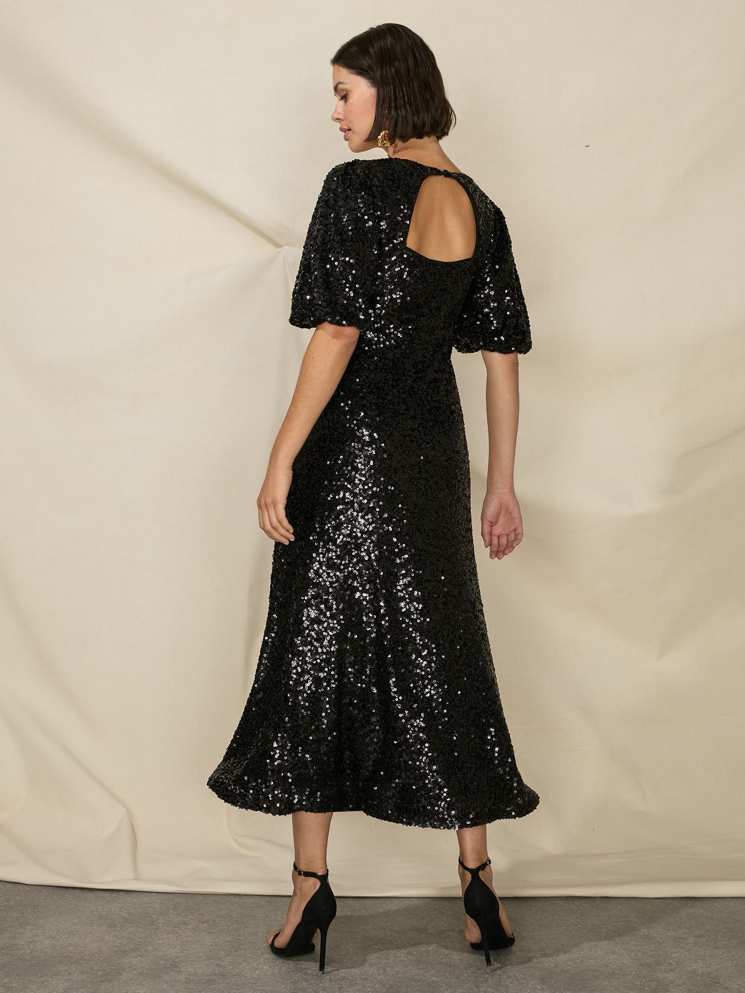 Ro&Zo Petite Evora Cluster Sequin Midi Dress, Black, 8